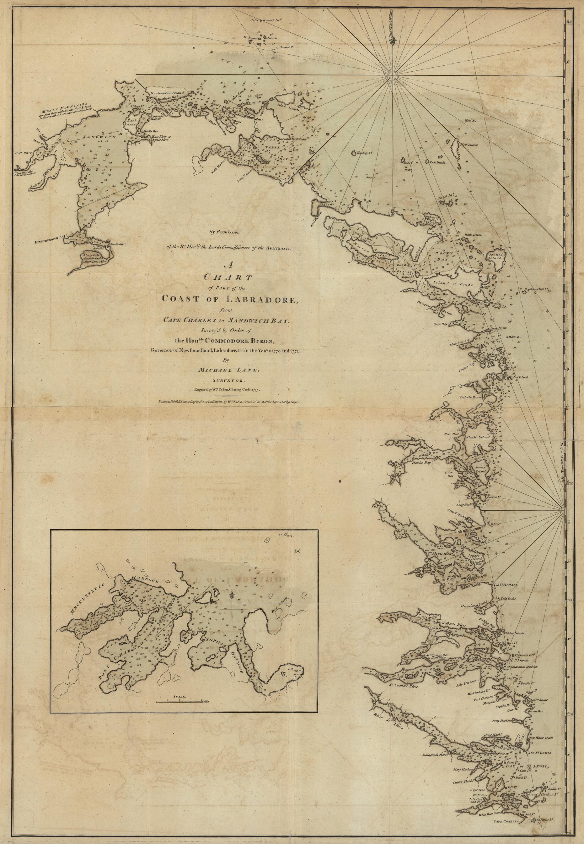 This old map of A Chart of Part of the Coast of Labradore from the North American Atlas, Selected from the Most Authentic Maps, Charts, Plans, &c. Hitherto Published. from 1777 was created by Thomas Jefferys in 1777