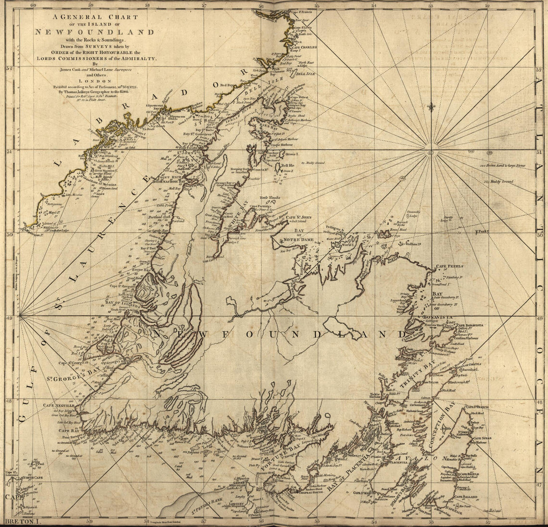This old map of A General Chart of the Island of New Foundland from the North American Atlas, Selected from the Most Authentic Maps, Charts, Plans, &c. Hitherto Published. from 1777 was created by Thomas Jefferys in 1777