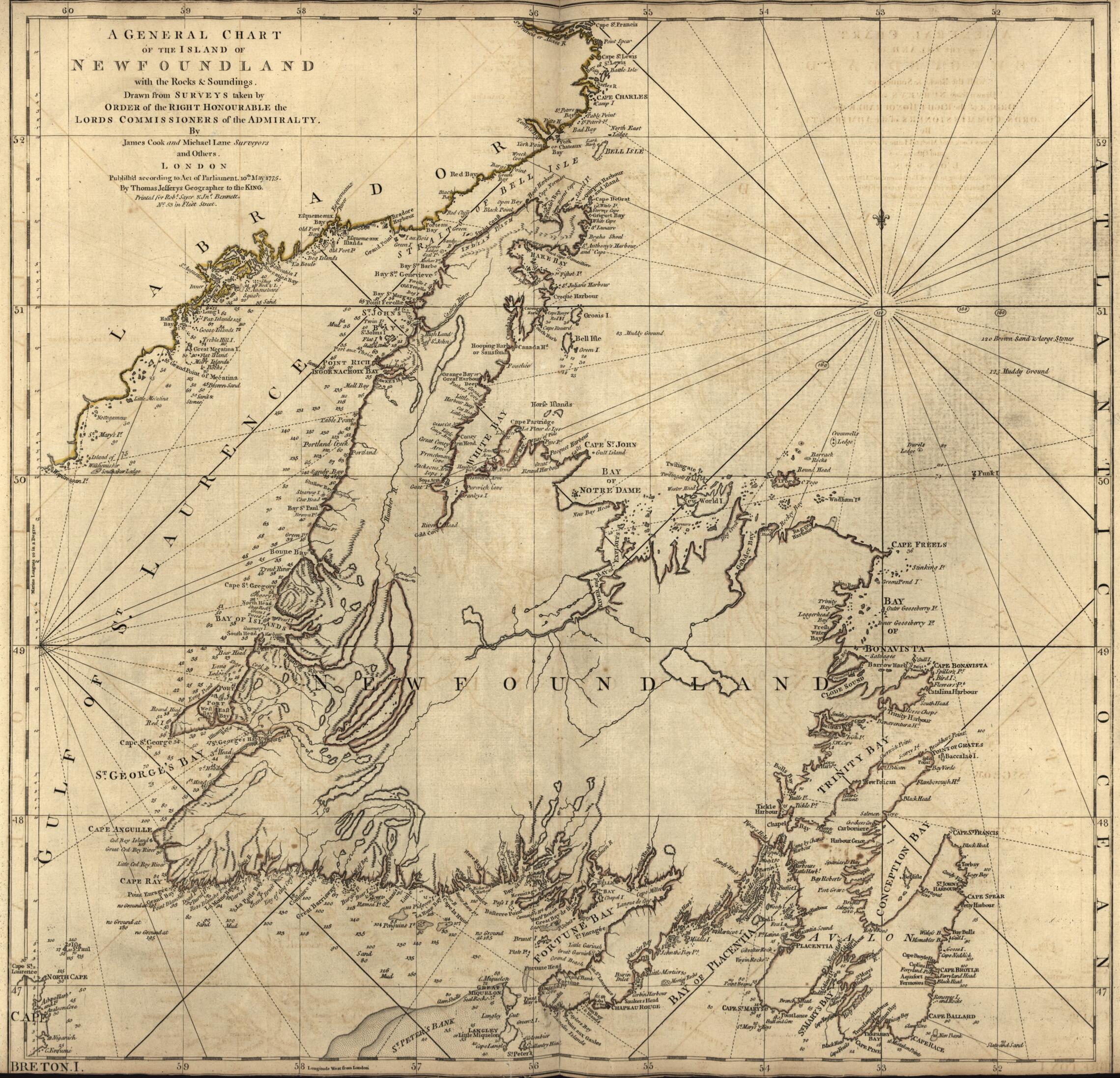 This old map of A General Chart of the Island of New Foundland from the North American Atlas, Selected from the Most Authentic Maps, Charts, Plans, &c. Hitherto Published. from 1777 was created by Thomas Jefferys in 1777