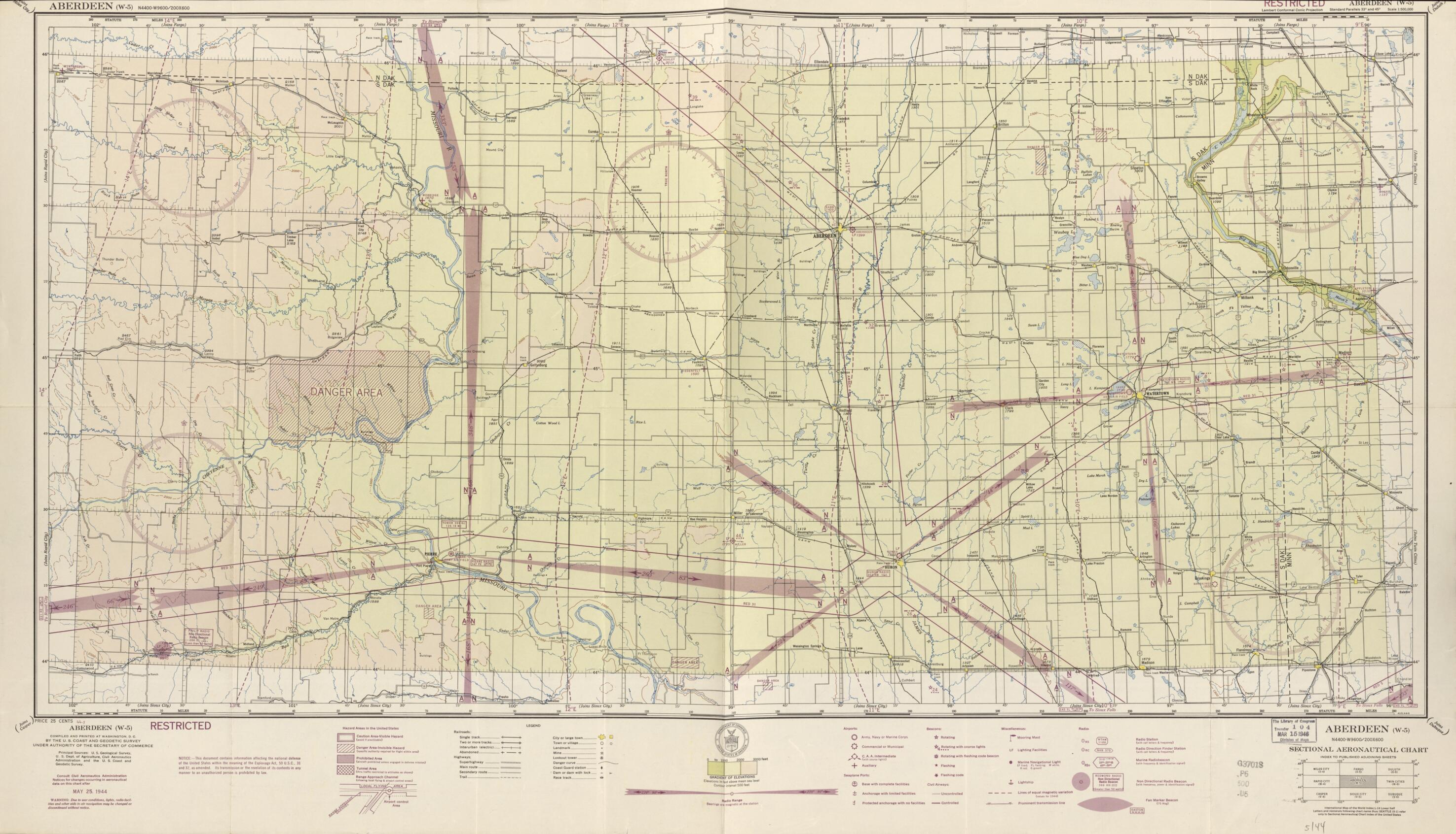 This old map of Aberdeen, SD -W-5 - May 1944 from Sectional Aeronautical Charts from 1927 was created by United States. Federal Aviation Administration in 1927