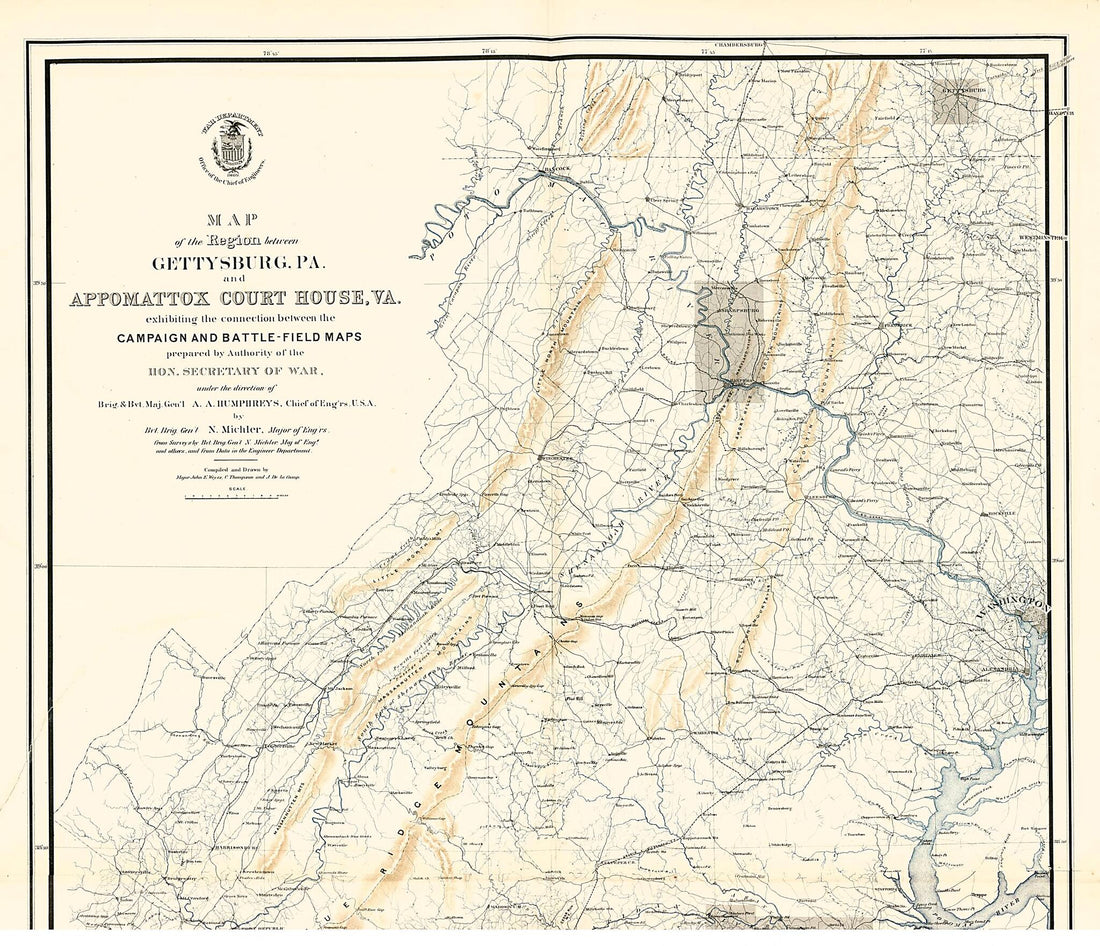 This old map of Map of the Region Between Gettysburg, Pa. and Appomattox Court House, Va. from Military Maps Illustrating the Operations of the Armies of the Potomac & James, May 4th 1864 to April 9th 1865. from 1869 was created by United States. Army.