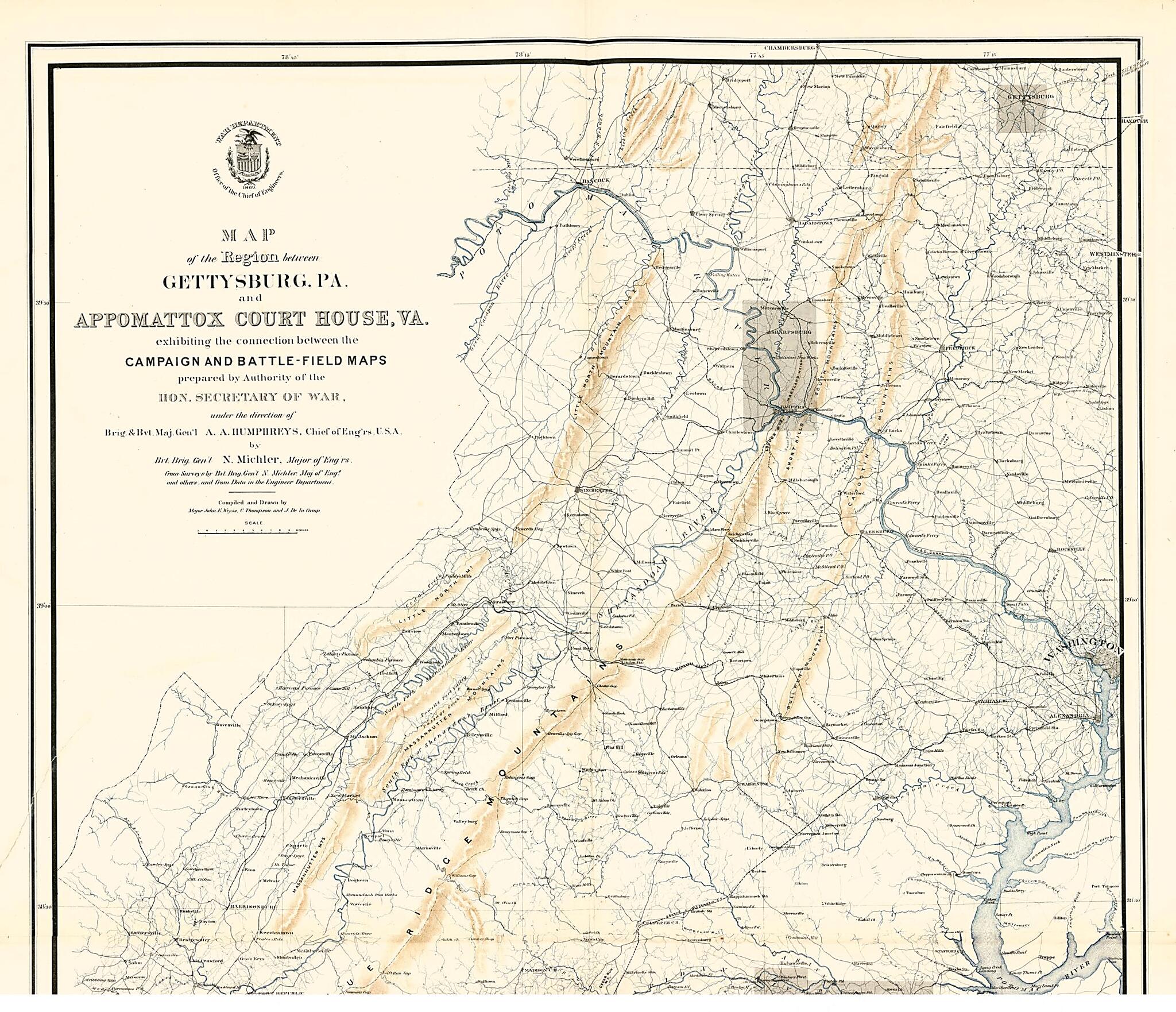 This old map of Map of the Region Between Gettysburg, Pa. and Appomattox Court House, Va. from Military Maps Illustrating the Operations of the Armies of the Potomac & James, May 4th 1864 to April 9th 1865. from 1869 was created by United States. Army.