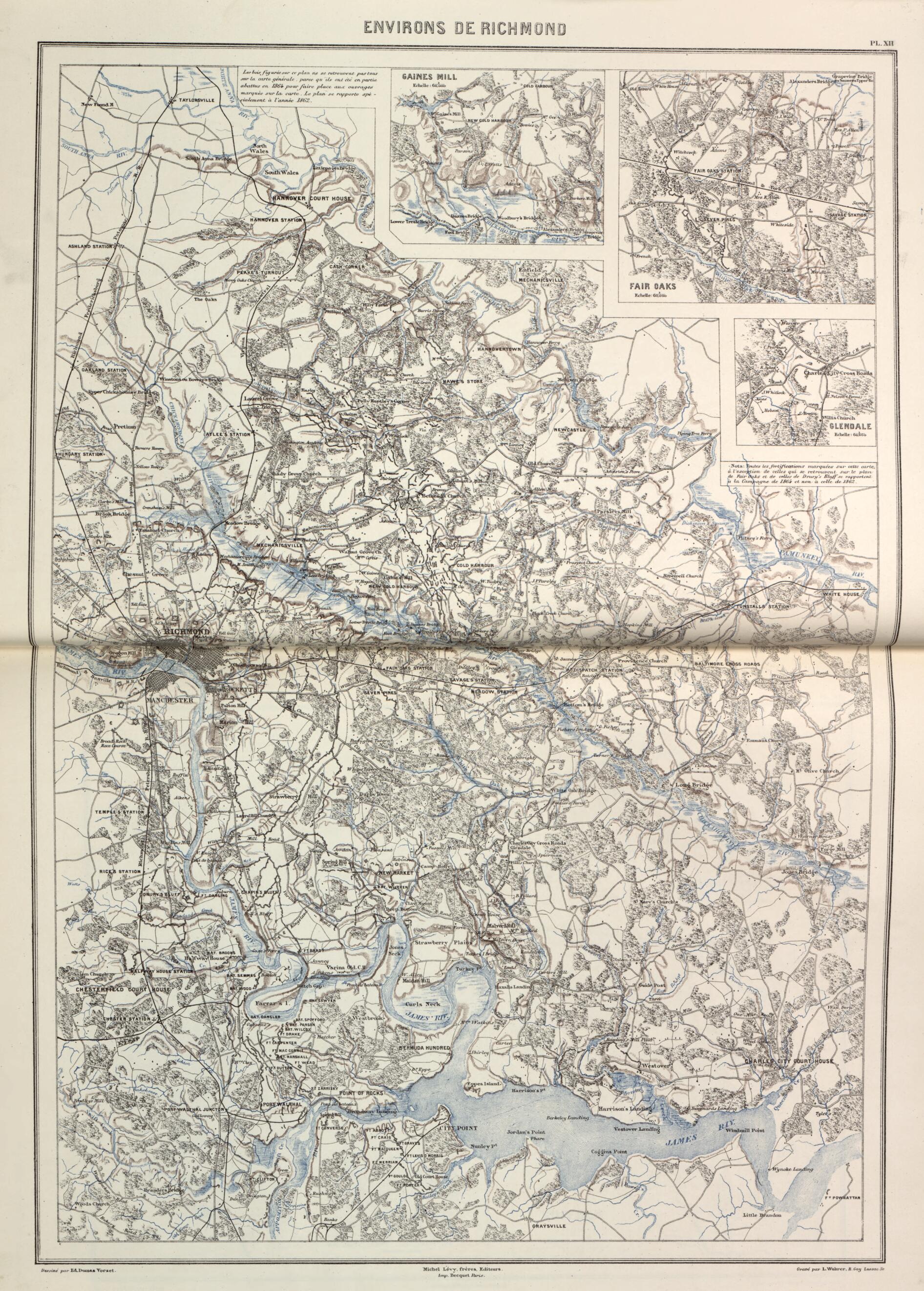 This old map of Environs De Richmond from Histoire De La Guerre Civile En Amérique, Par M. Le Comte De Paris--cartes Et Planches from 1890 was created by Louis-Philippe-Albert D&