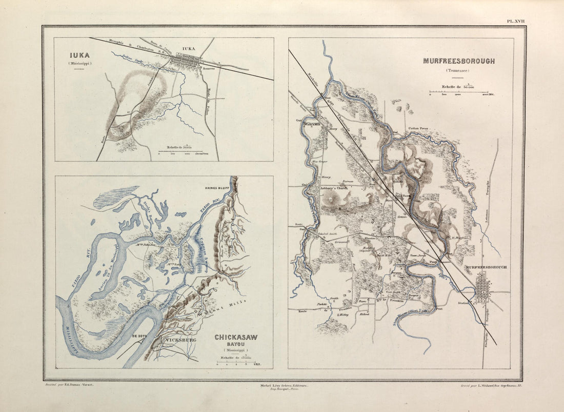 This old map of Iuka and Chickasaw Bayou (Mississippi), Murfreesborough (Tennessee) from Histoire De La Guerre Civile En Amérique, Par M. Le Comte De Paris--cartes Et Planches from 1890 was created by Louis-Philippe-Albert D&
