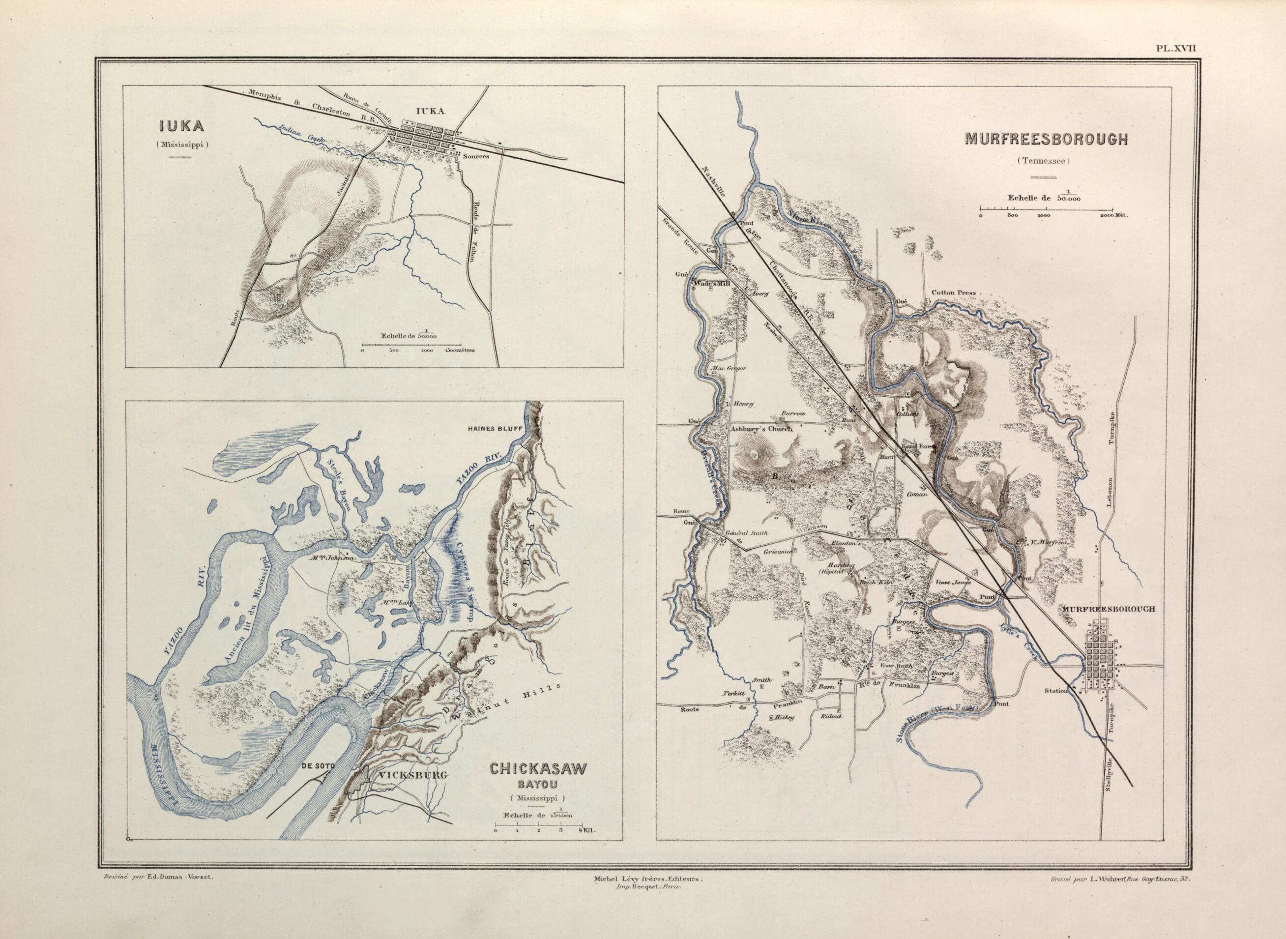 This old map of Iuka and Chickasaw Bayou (Mississippi), Murfreesborough (Tennessee) from Histoire De La Guerre Civile En Amérique, Par M. Le Comte De Paris--cartes Et Planches from 1890 was created by Louis-Philippe-Albert D&