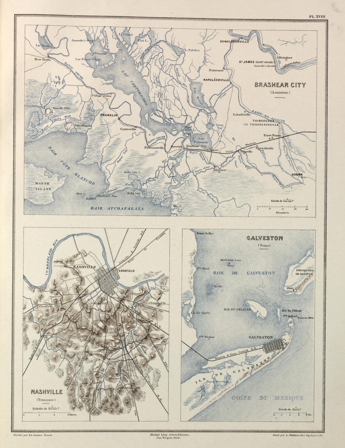 This old map of Brashear City (La.), Nashville (Tenn.), Galveston (Tx.) from Histoire De La Guerre Civile En Amérique, Par M. Le Comte De Paris--cartes Et Planches from 1890 was created by Louis-Philippe-Albert D&