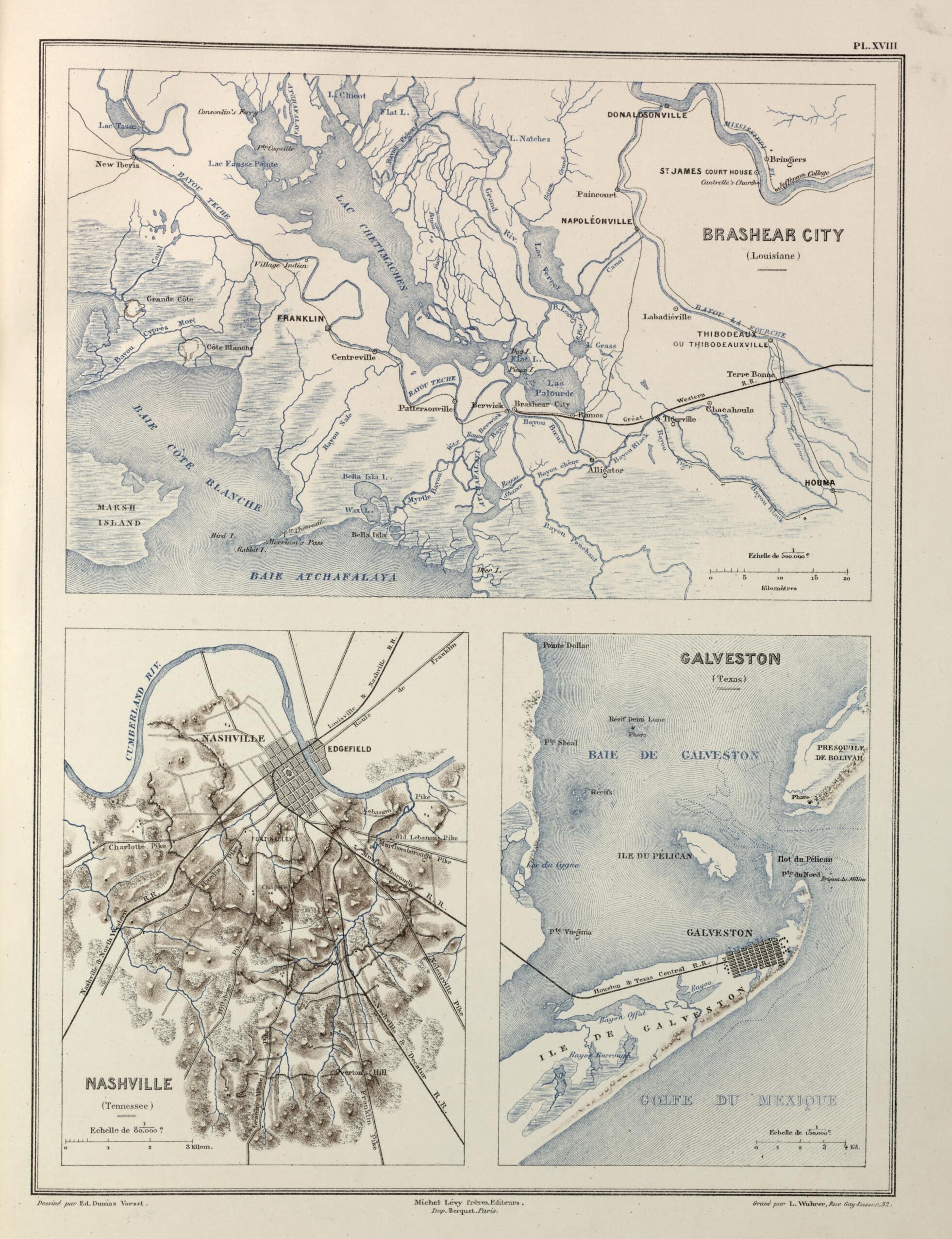 This old map of Brashear City (La.), Nashville (Tenn.), Galveston (Tx.) from Histoire De La Guerre Civile En Amérique, Par M. Le Comte De Paris--cartes Et Planches from 1890 was created by Louis-Philippe-Albert D&