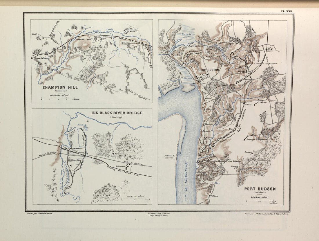 This old map of Champion Hill and Big Black River Bridge (Miss.), Port Hudson (La.) from Histoire De La Guerre Civile En Amérique, Par M. Le Comte De Paris--cartes Et Planches from 1890 was created by Louis-Philippe-Albert D&