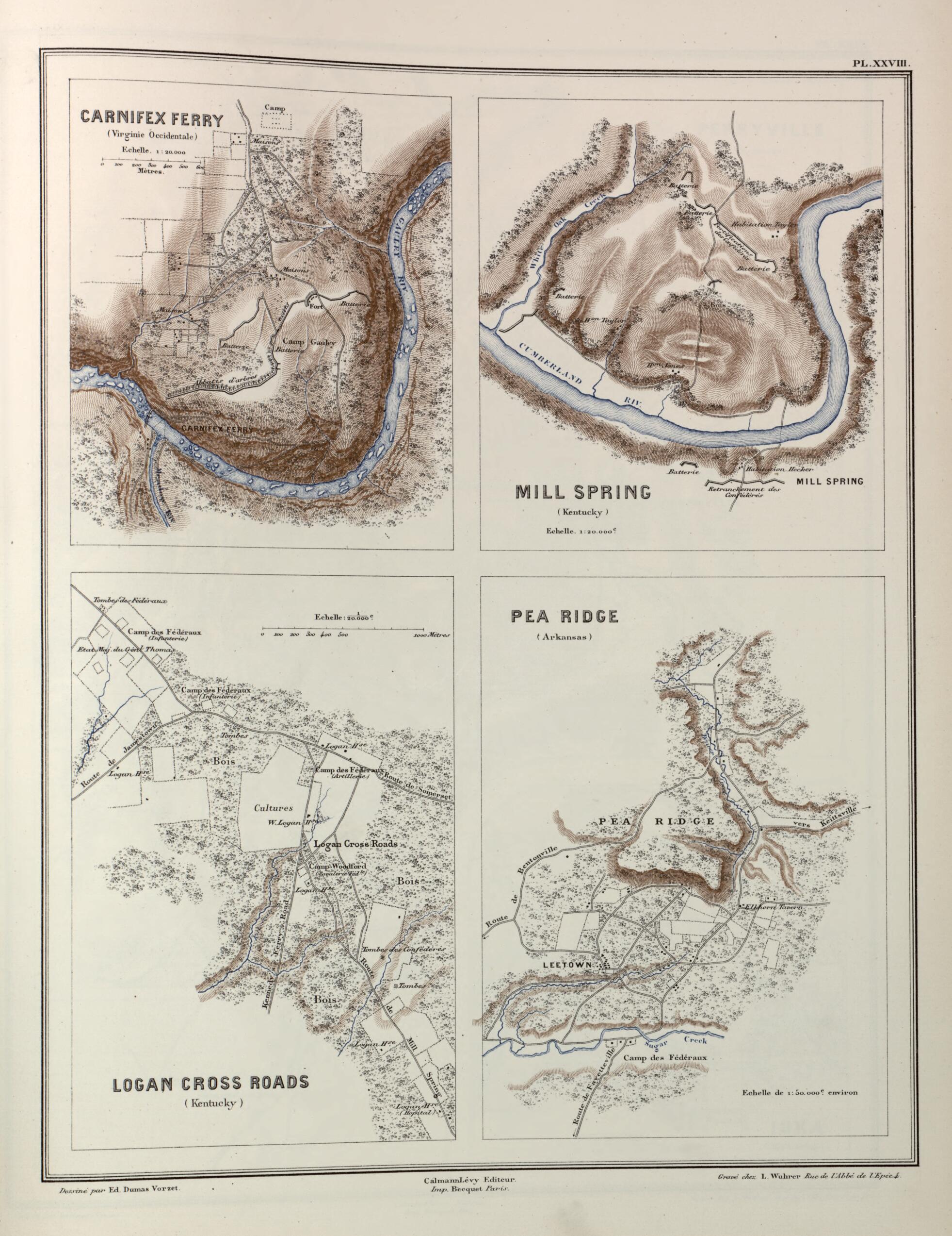 This old map of Carnifex Ferry (Va.), Logan Cross Road and Mill Spring (Ky.), Pea Ridge (Ark.) from Histoire De La Guerre Civile En Amérique, Par M. Le Comte De Paris--cartes Et Planches from 1890 was created by Louis-Philippe-Albert D&