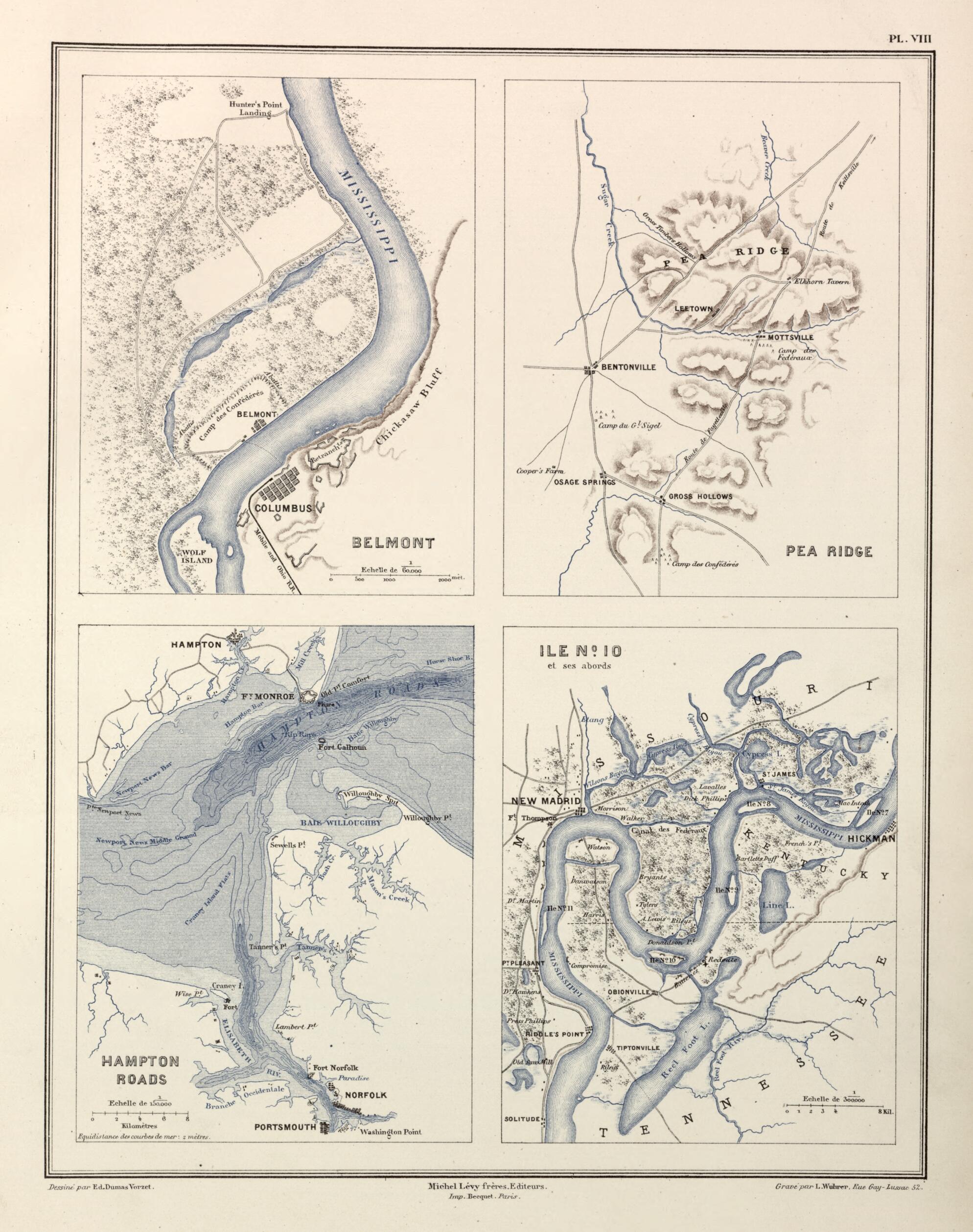 This old map of Belmont, Pea Ridge, Hampton Roads, Isle No. 10 from Histoire De La Guerre Civile En Amérique, Par M. Le Comte De Paris--cartes Et Planches from 1890 was created by Louis-Philippe-Albert D&