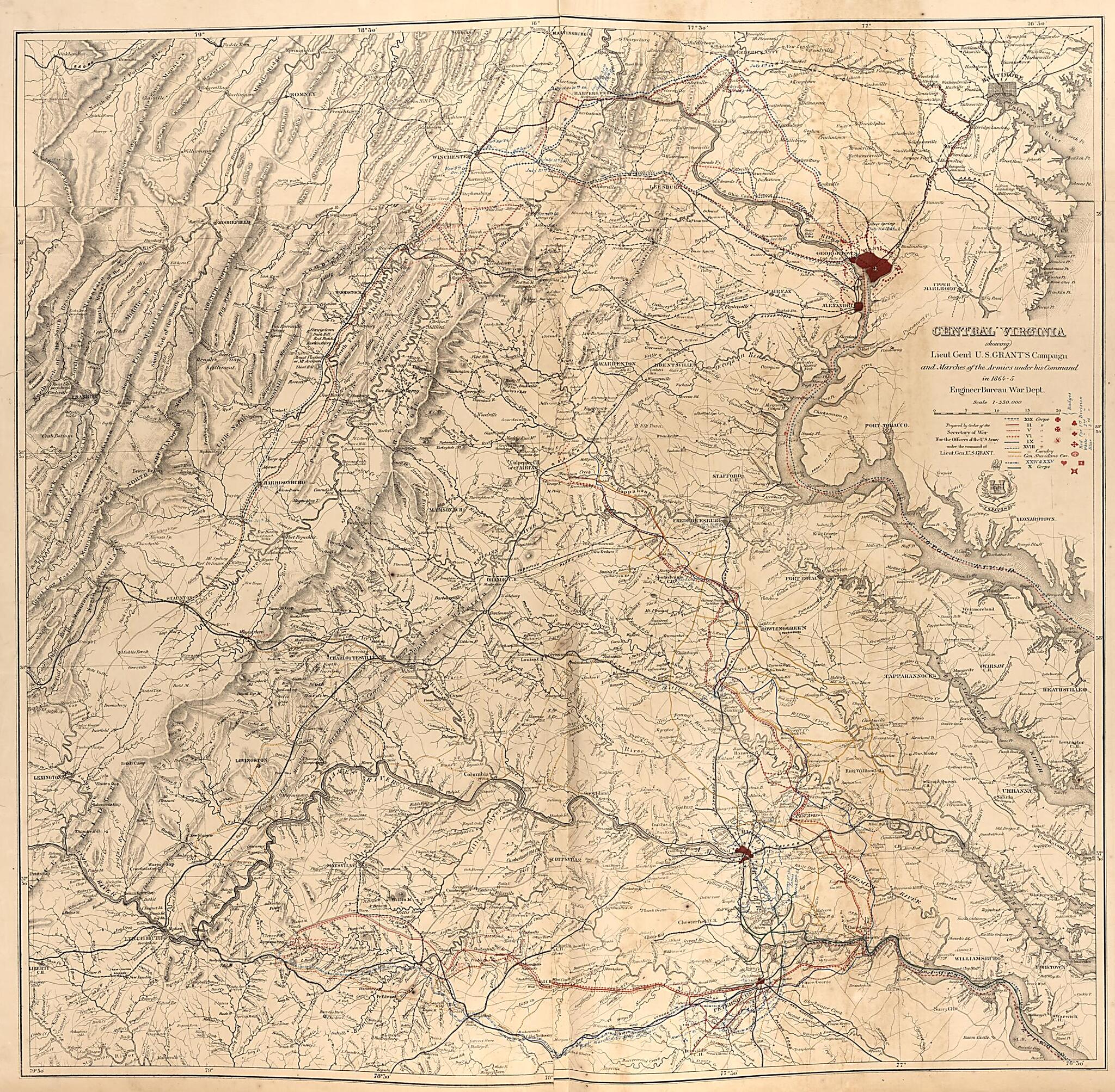 This old map of Central Va., 1864-65; Operations of the Armies of the Potomac and James from Military Maps. from 1879 was created by United States. Army. Corps of Engineers in 1879