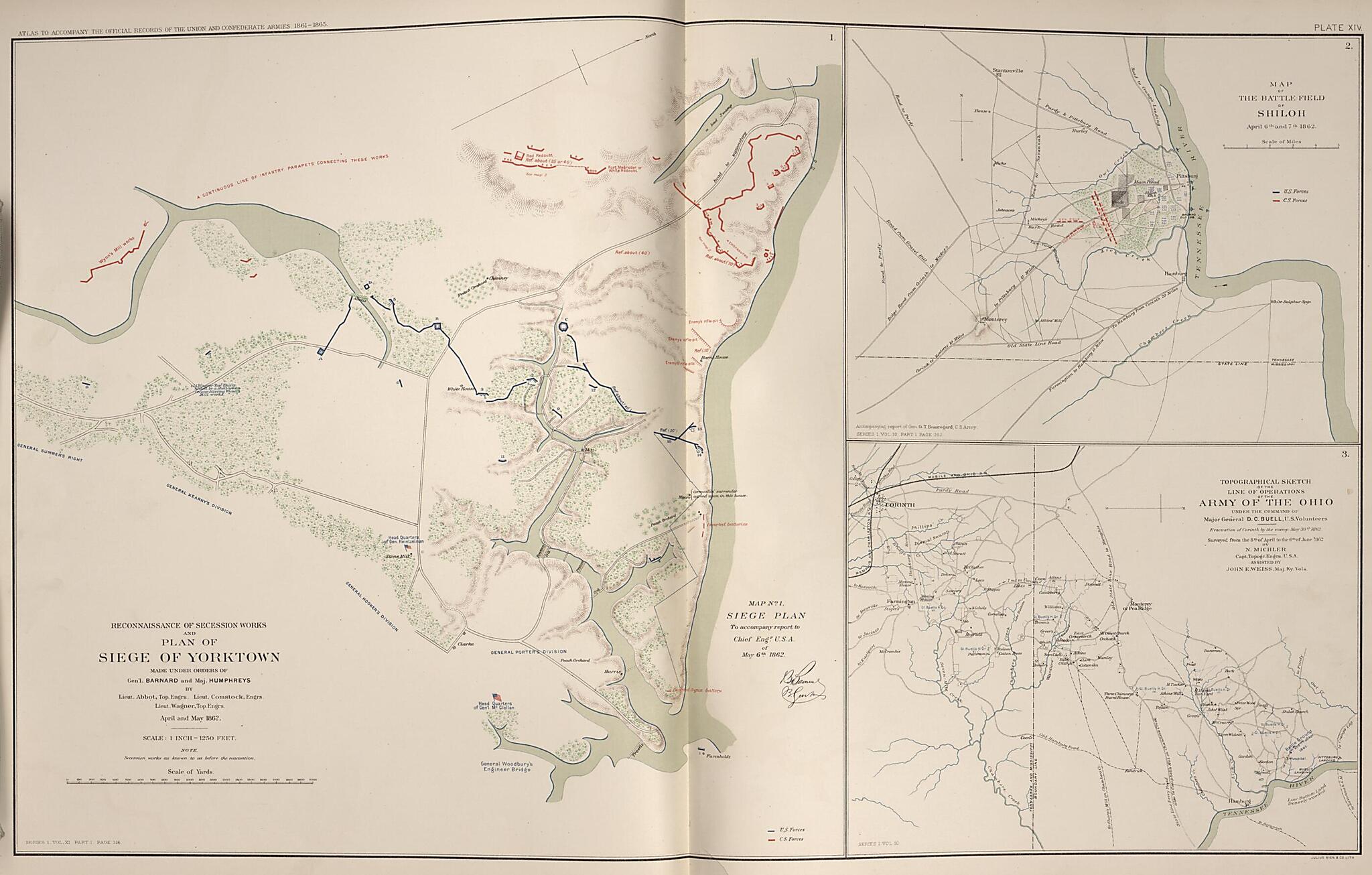 This old map of Yorktown, Virginia, Shiloh, Tennessee, Operations of the Army of the Ohio from Rebellion Atlas from 1892 was created by United States. War Department in 1892