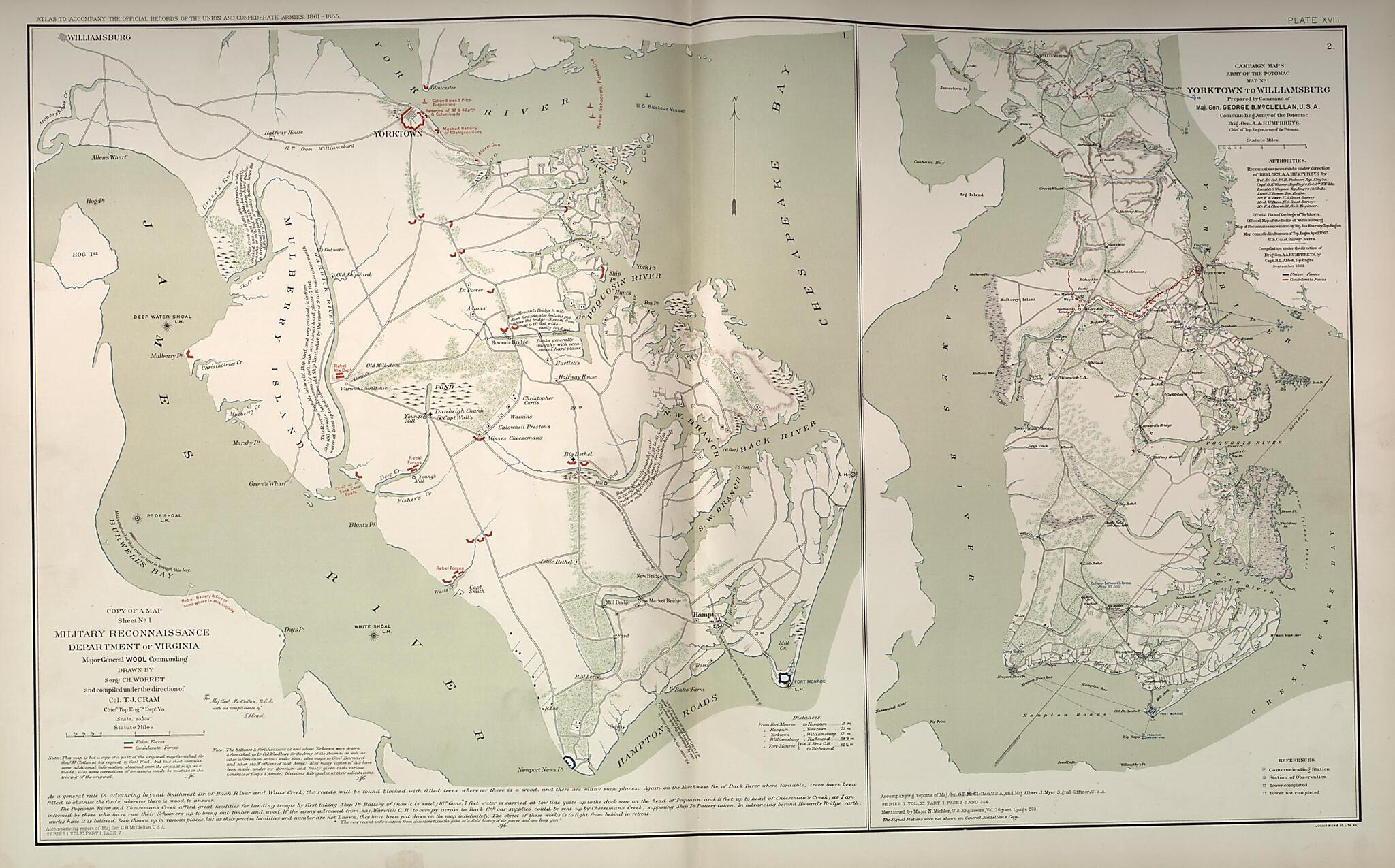 This old map of Yorktown to Williamsburg, Virginia from Rebellion Atlas from 1892 was created by United States. War Department in 1892