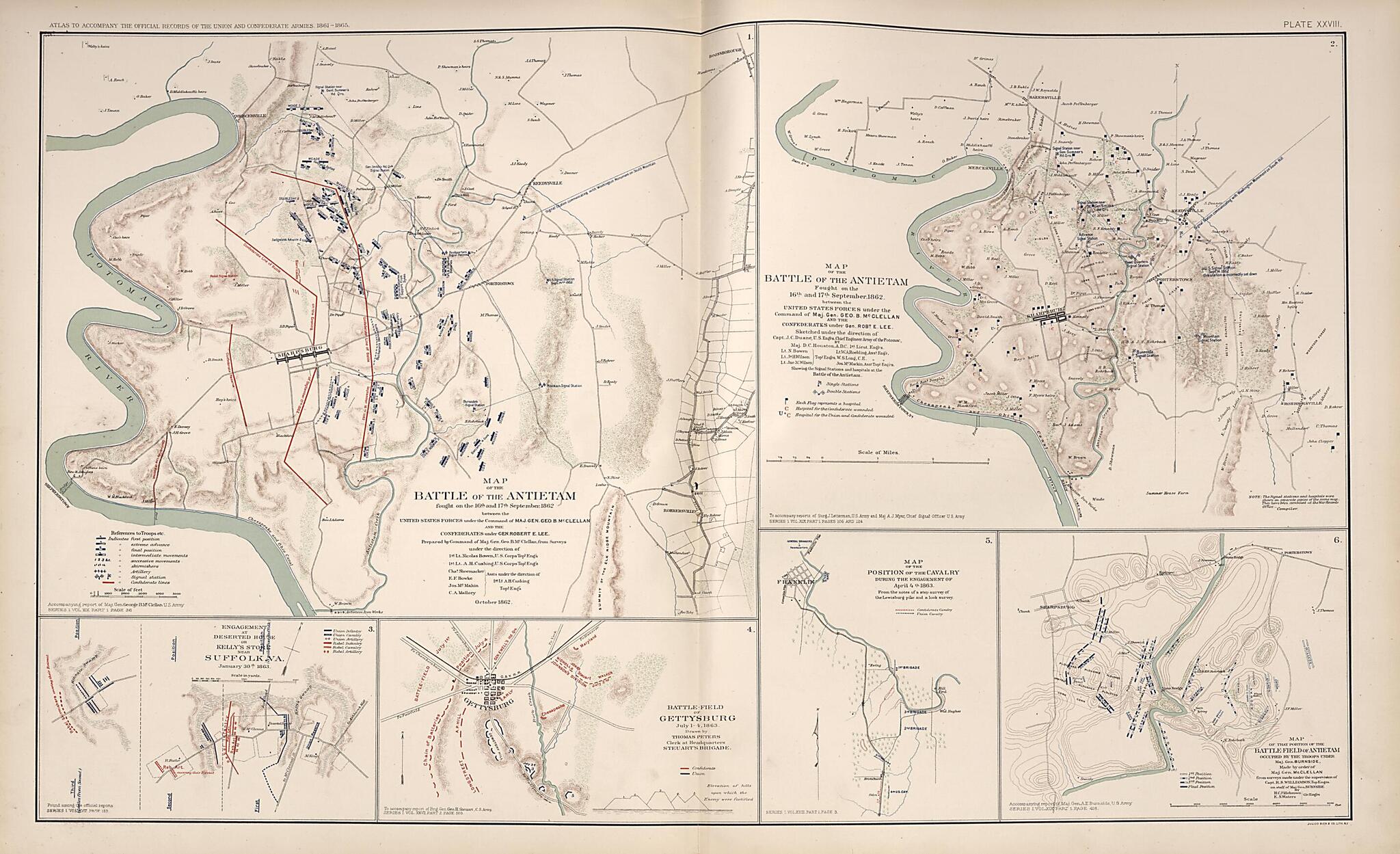 This old map of Antietam, Maryland, Suffolk, Virginia, Gettysburg, Maryland from Rebellion Atlas from 1892 was created by United States. War Department in 1892