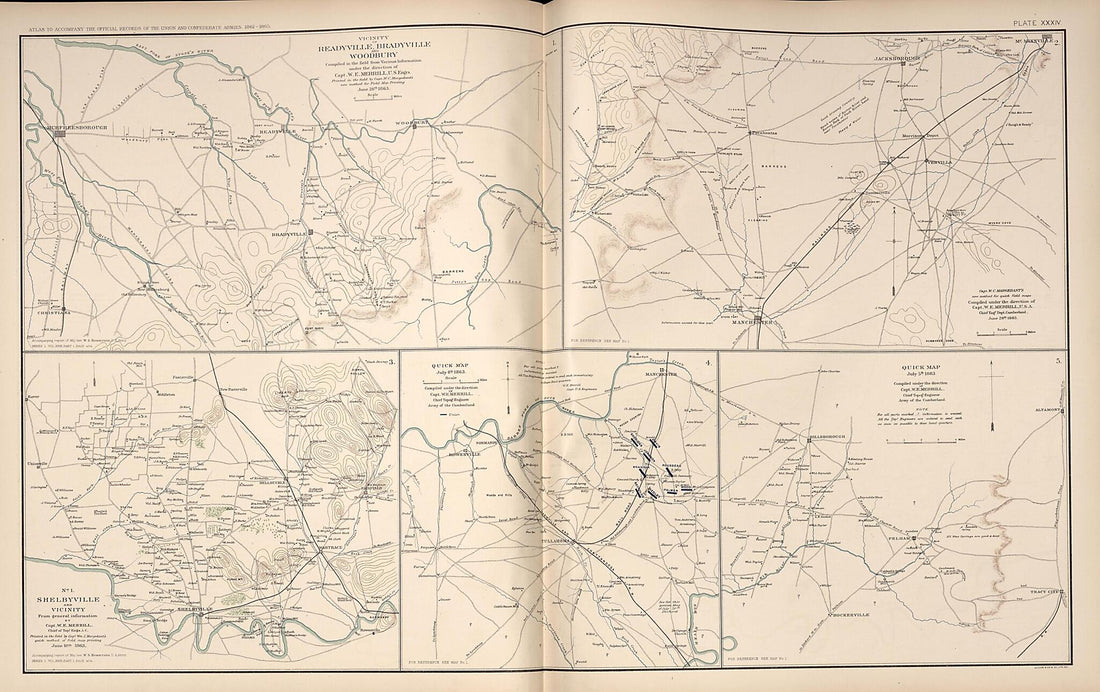 This old map of Readyville, Bradyville,Woodbury, Tennessee, Shelbyville, Tennessee, from Rebellion Atlas from 1892 was created by United States. War Department in 1892