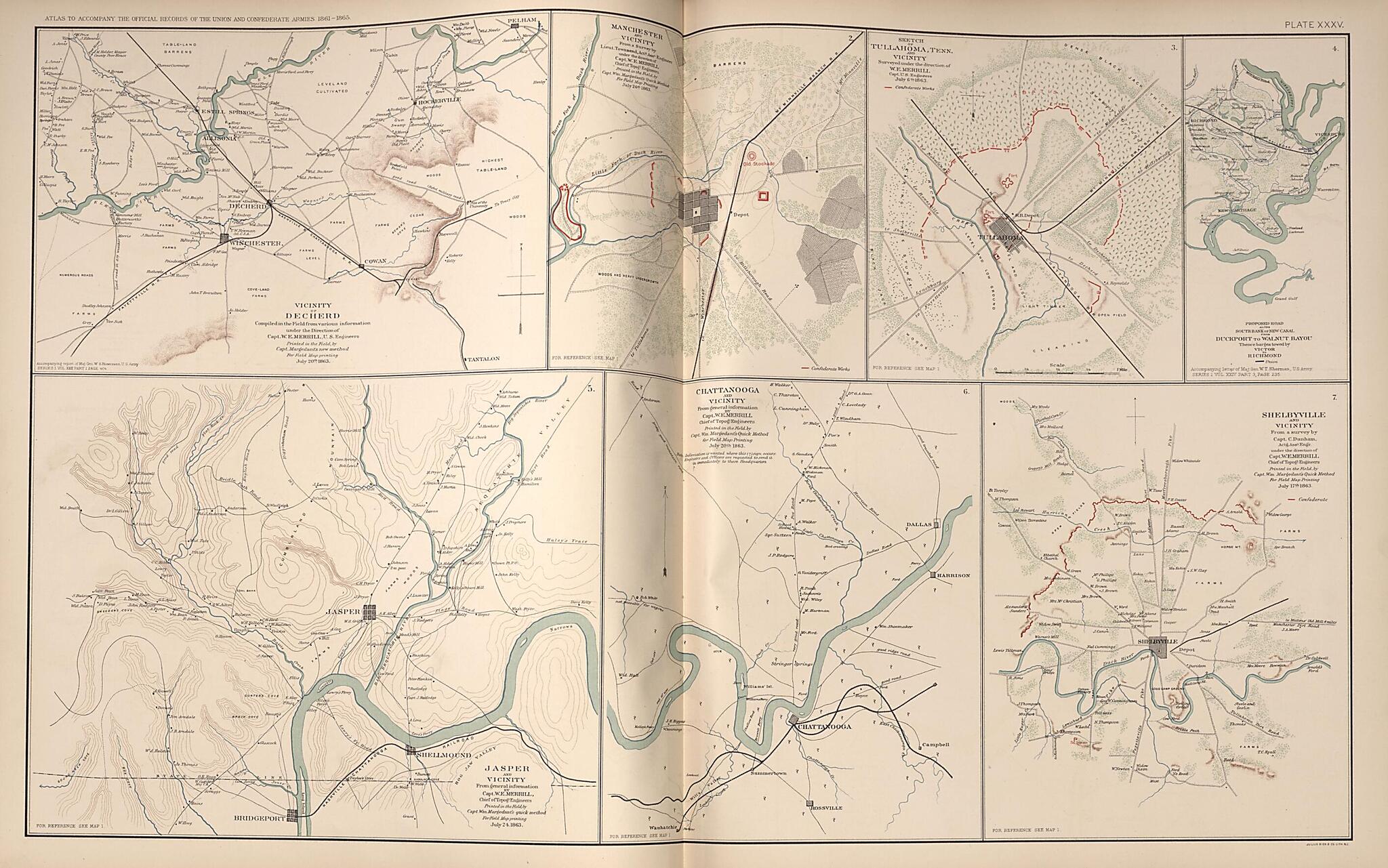 This old map of Decherd, Manchester, Tullahoma, Shelbyville, Chattanooga, Jasper, Tennessee from Rebellion Atlas from 1892 was created by United States. War Department in 1892