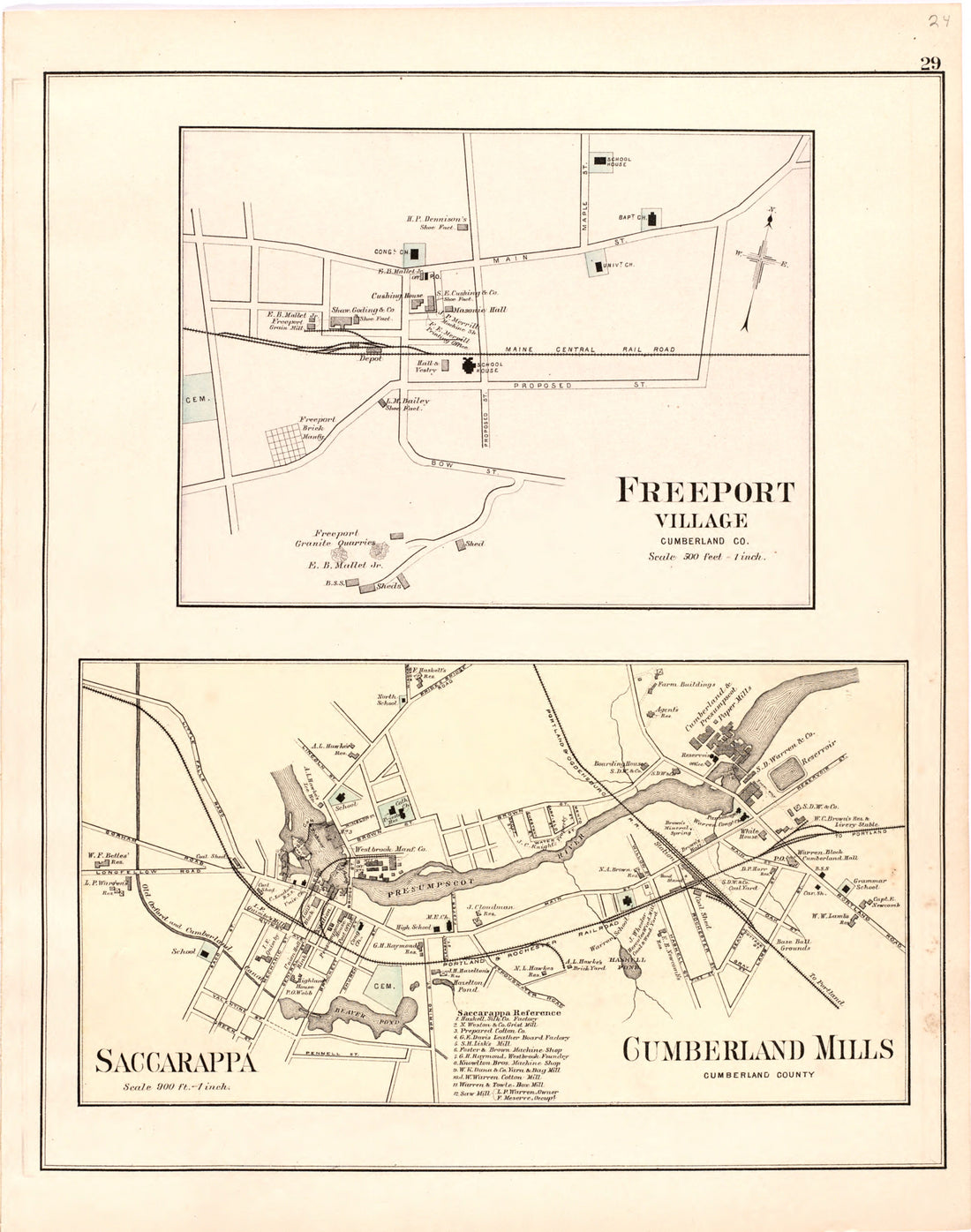 This hand drawn illustration (map) of Freeport Village; Saccarappa; Cumberland Mills from Colby&