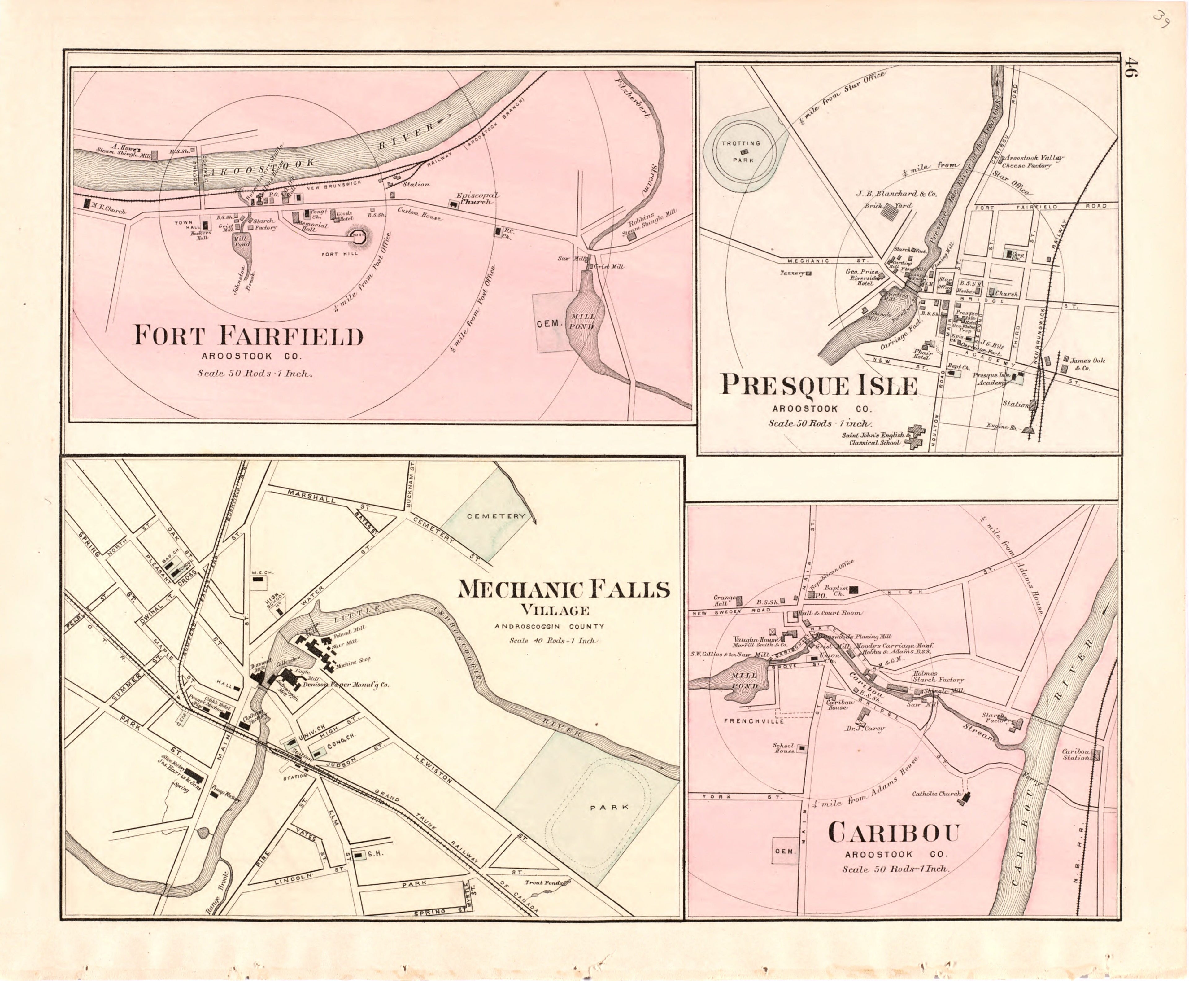 This hand drawn illustration (map) of Fort Fairfield; Presque Island; Mechanic Falls Village; Caribou from Colby&