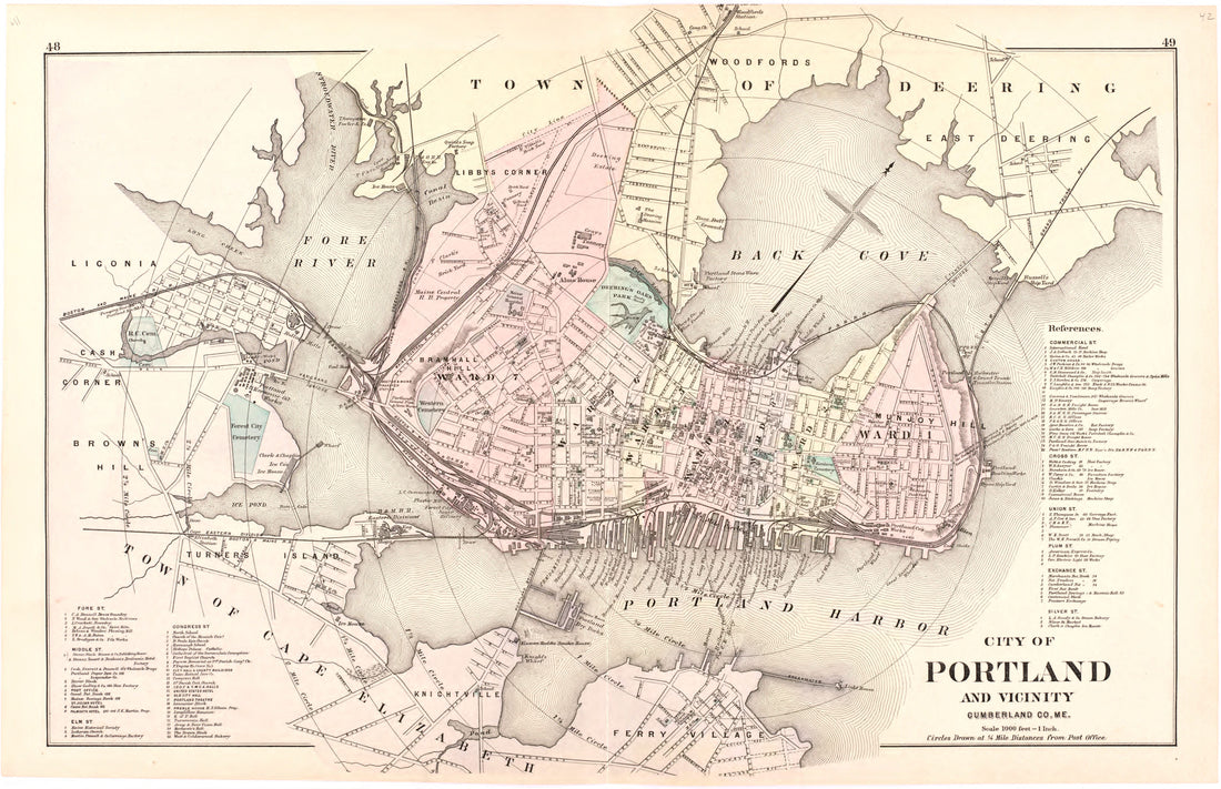 This hand drawn illustration (map) of City of Portland and Vicinity Cumberland Co. Me. from Colby&