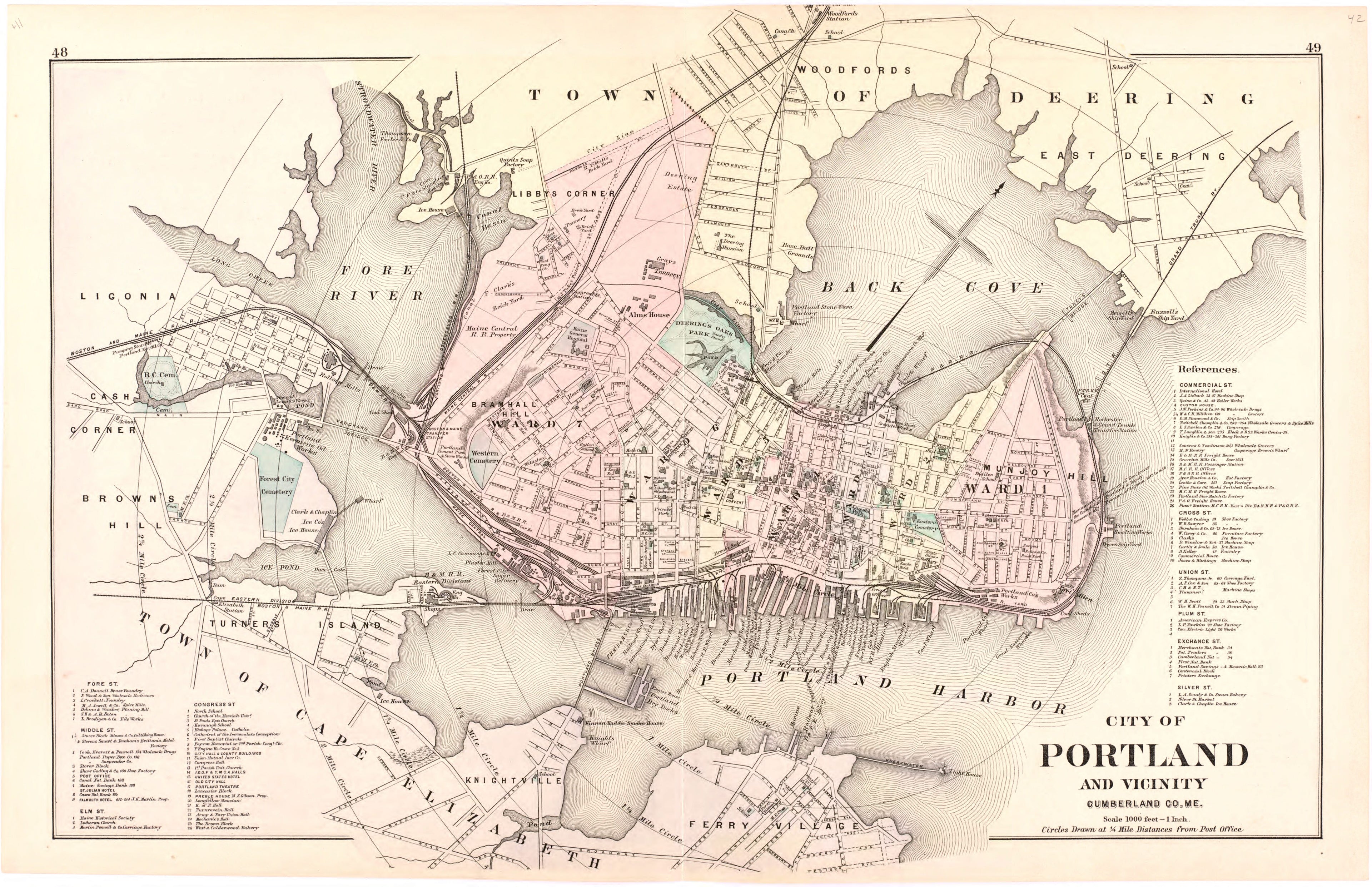 This hand drawn illustration (map) of City of Portland and Vicinity Cumberland Co. Me. from Colby&