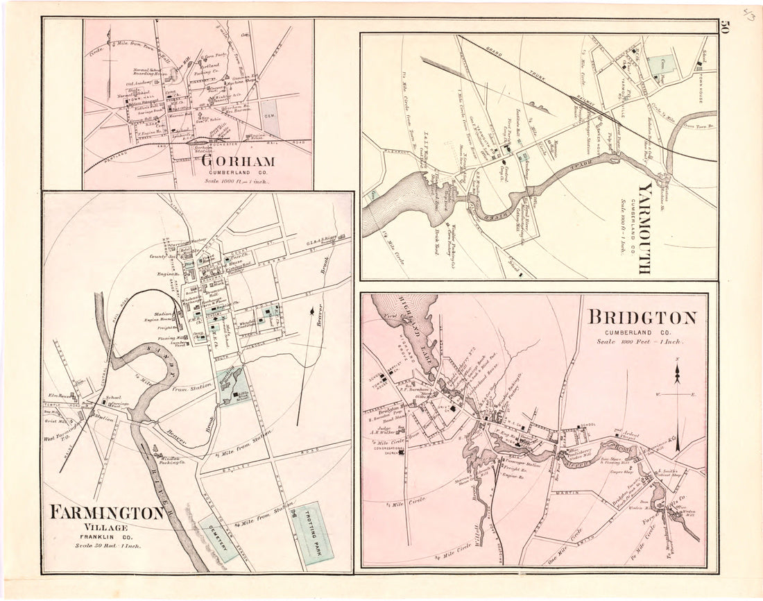 This hand drawn illustration (map) of Gorham; Yarmouth; Farmington Village; Bridgton from Colby&