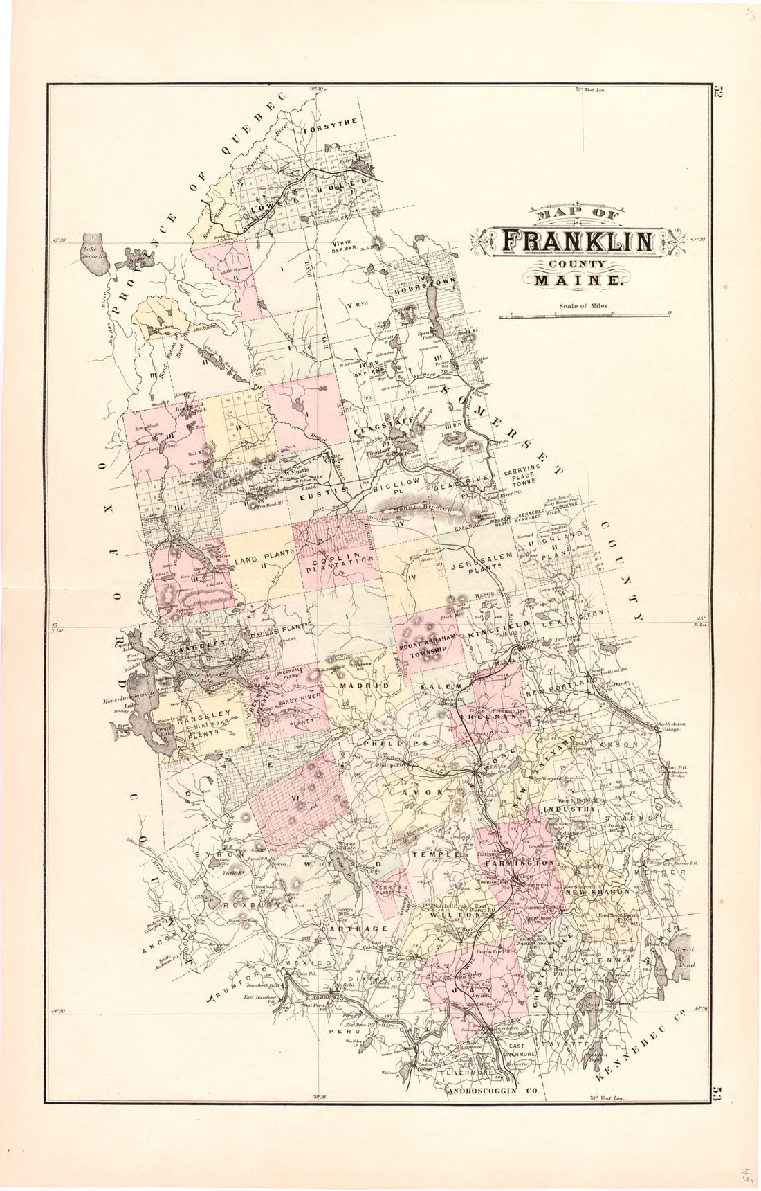This hand drawn illustration (map) of Map of Franklin County Maine from Colby&
