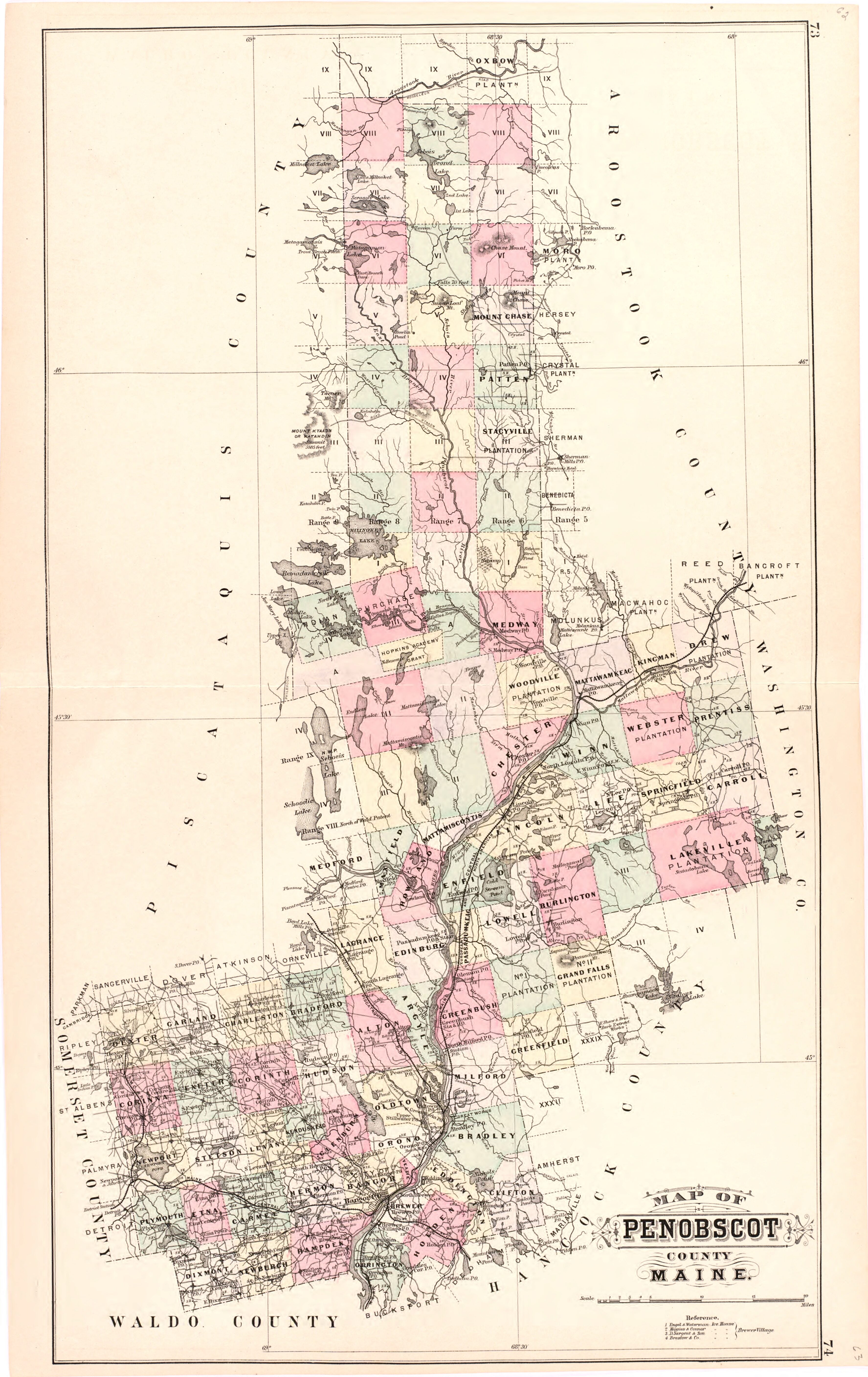 This hand drawn illustration (map) of Map of Penobscot County Maine from Colby&