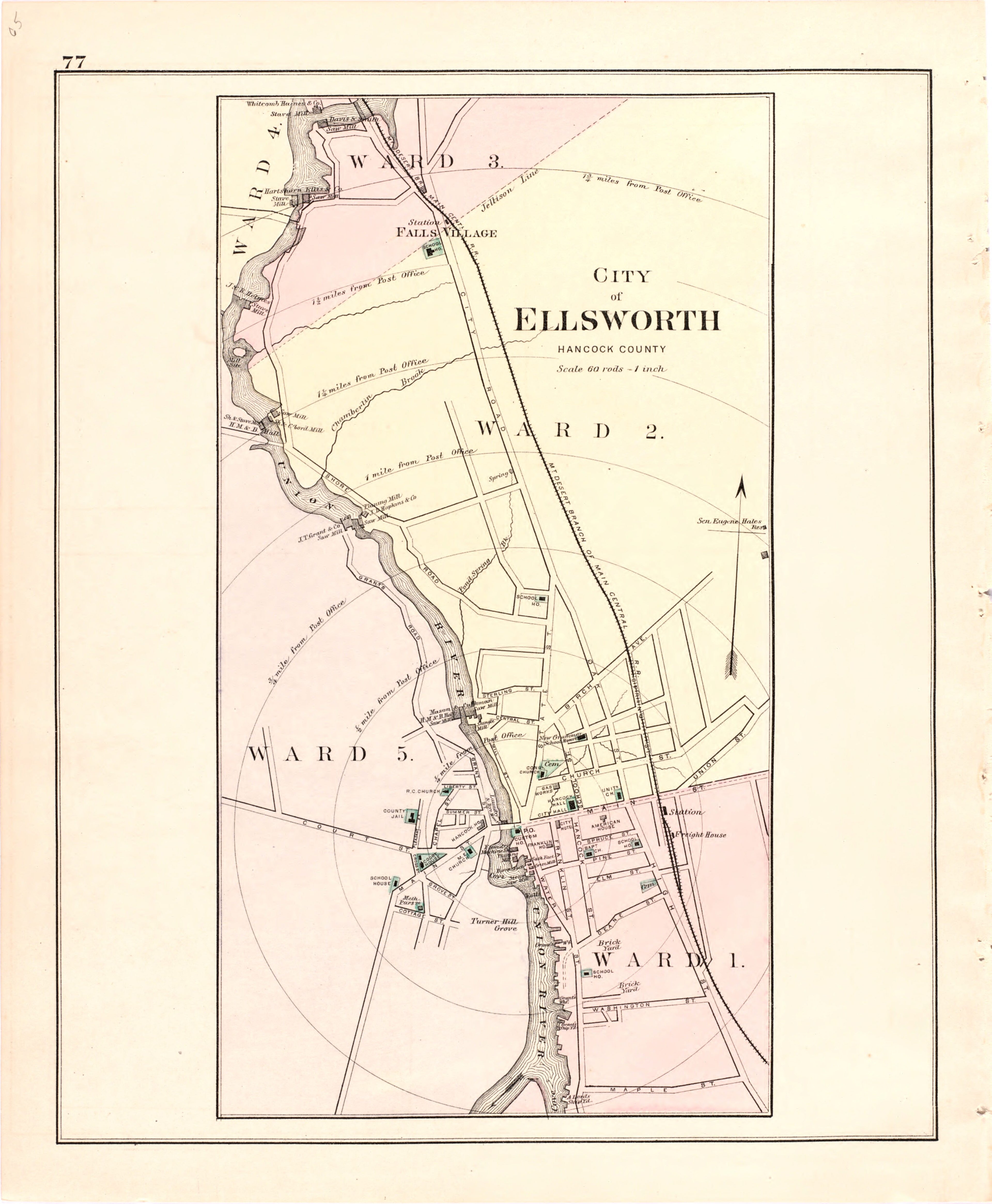 This hand drawn illustration (map) of City of Ellsworth from Colby&