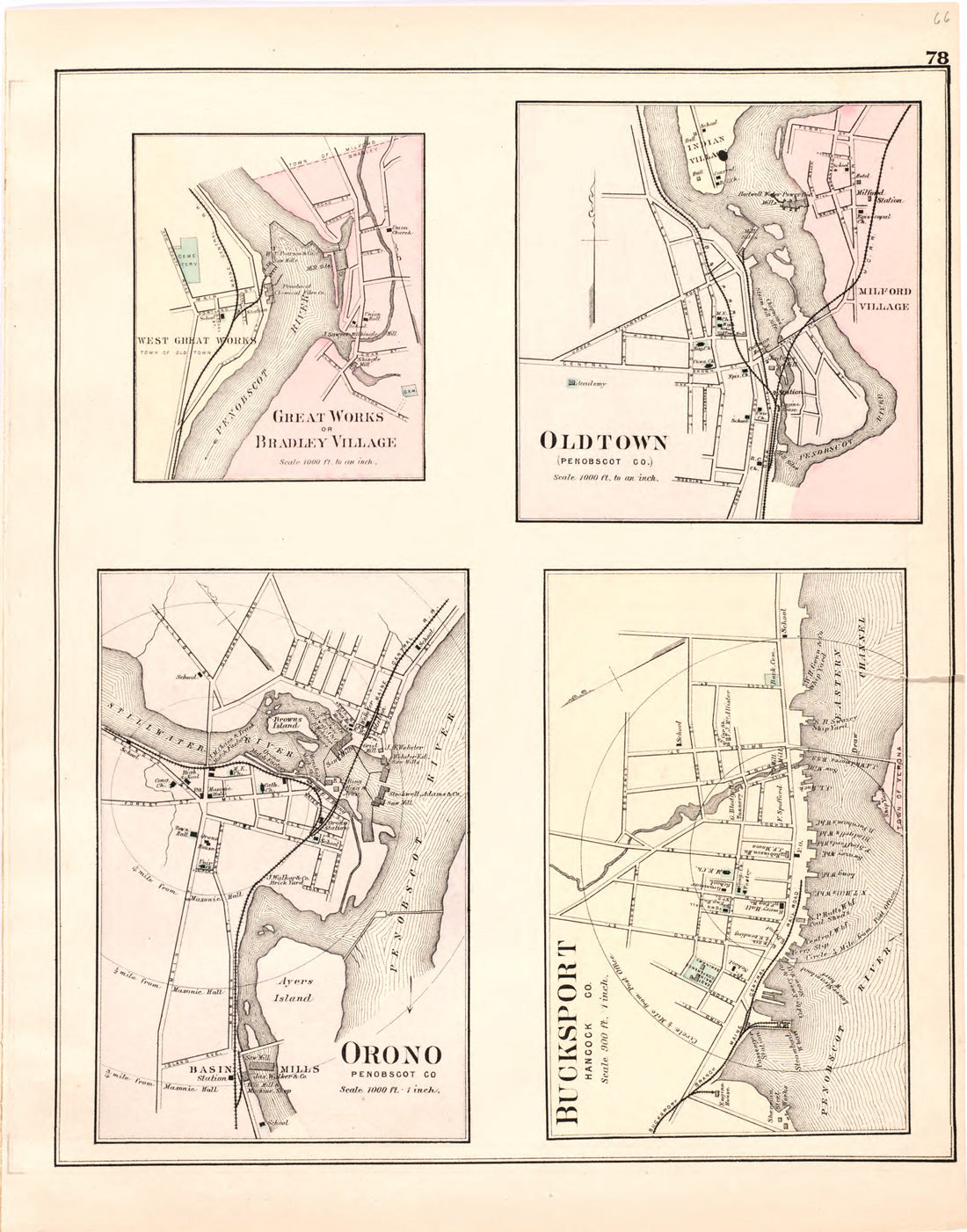 This hand drawn illustration (map) of Great Works Or Bradley Village; Oldtown; Orono; Bucksport from Colby&