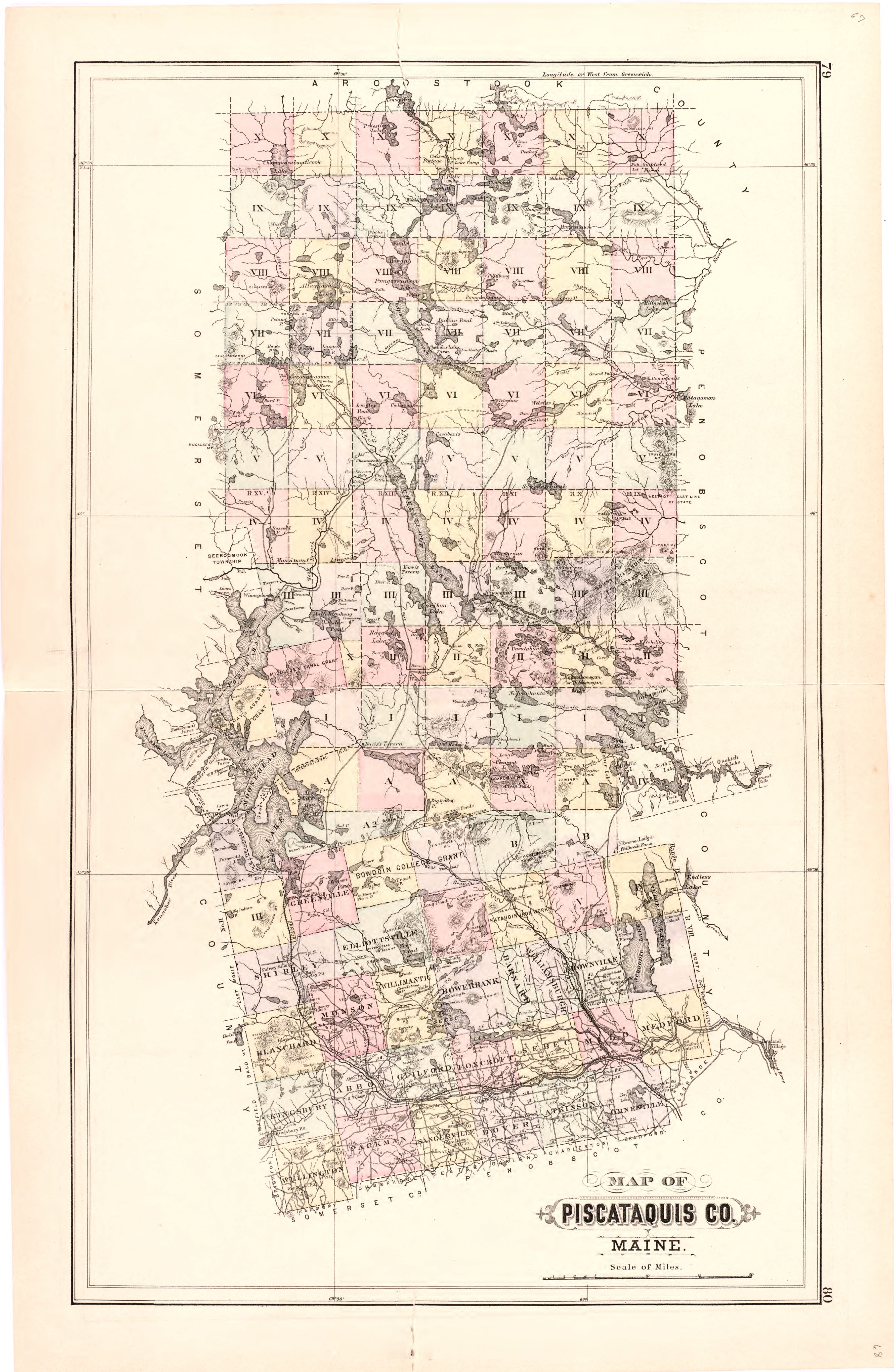 This hand drawn illustration (map) of Piscataquis Co. Maine from Colby&