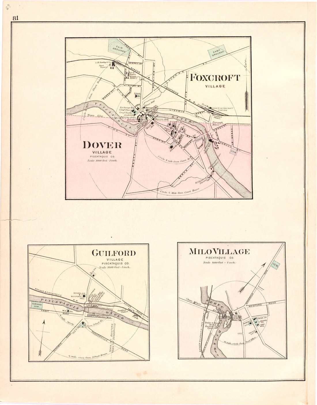 This hand drawn illustration (map) of Dover Village; Foxcroft Village; Guilford Village; Milo Village from Colby&