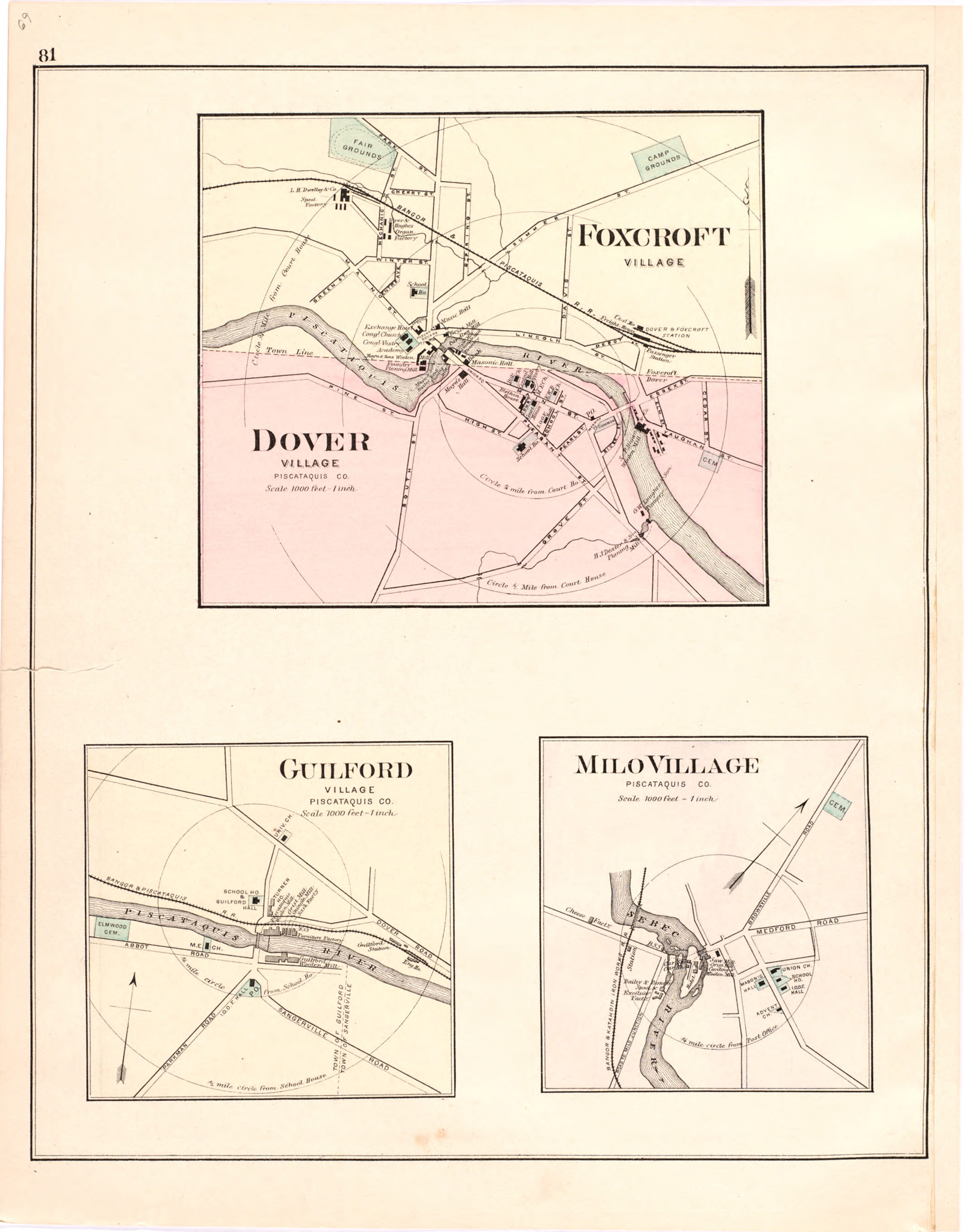 This hand drawn illustration (map) of Dover Village; Foxcroft Village; Guilford Village; Milo Village from Colby&