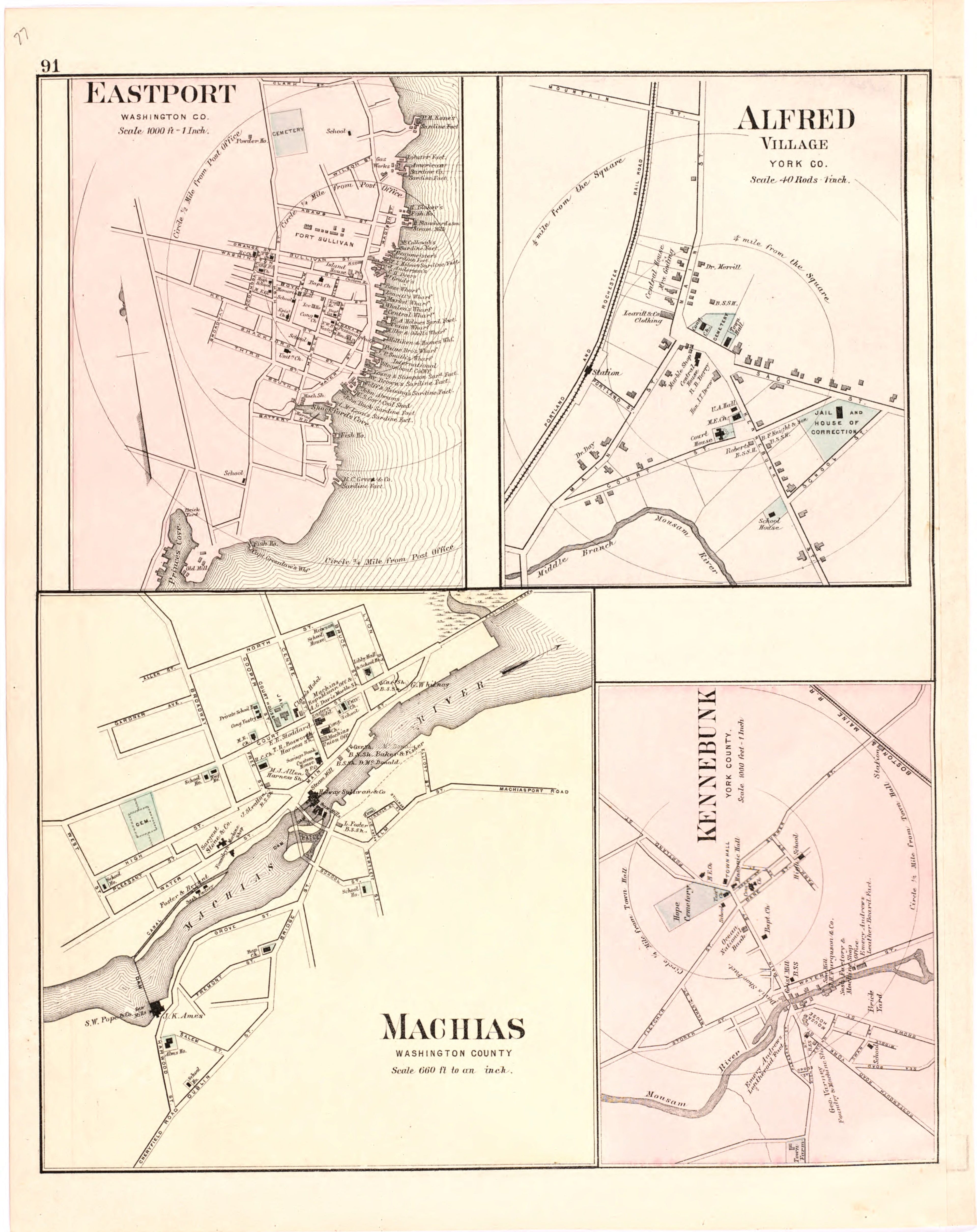 This hand drawn illustration (map) of Eastport; Alfred Village; Machias; Kennebunk from Colby&