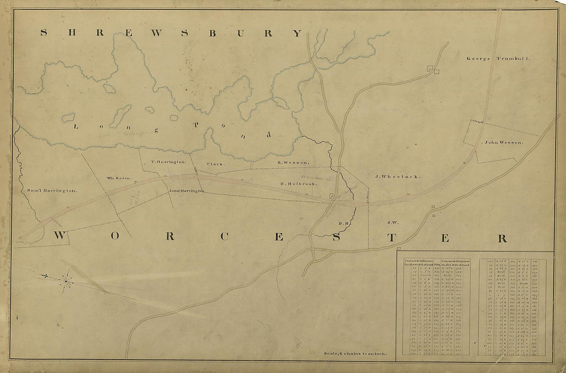 This old map of Shrewsbury, Worcester from Location of the Boston and Worcester Railroad 1835 from 1858 was created by Edward Southwick Philbrick in 1858
