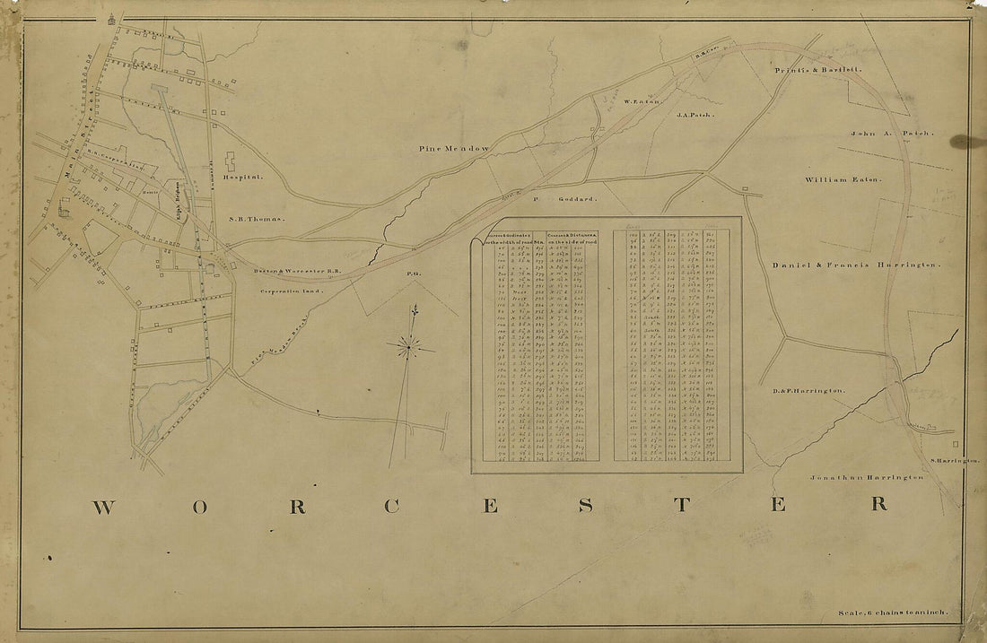 This old map of Worcester from Location of the Boston and Worcester Railroad 1835 from 1858 was created by Edward Southwick Philbrick in 1858