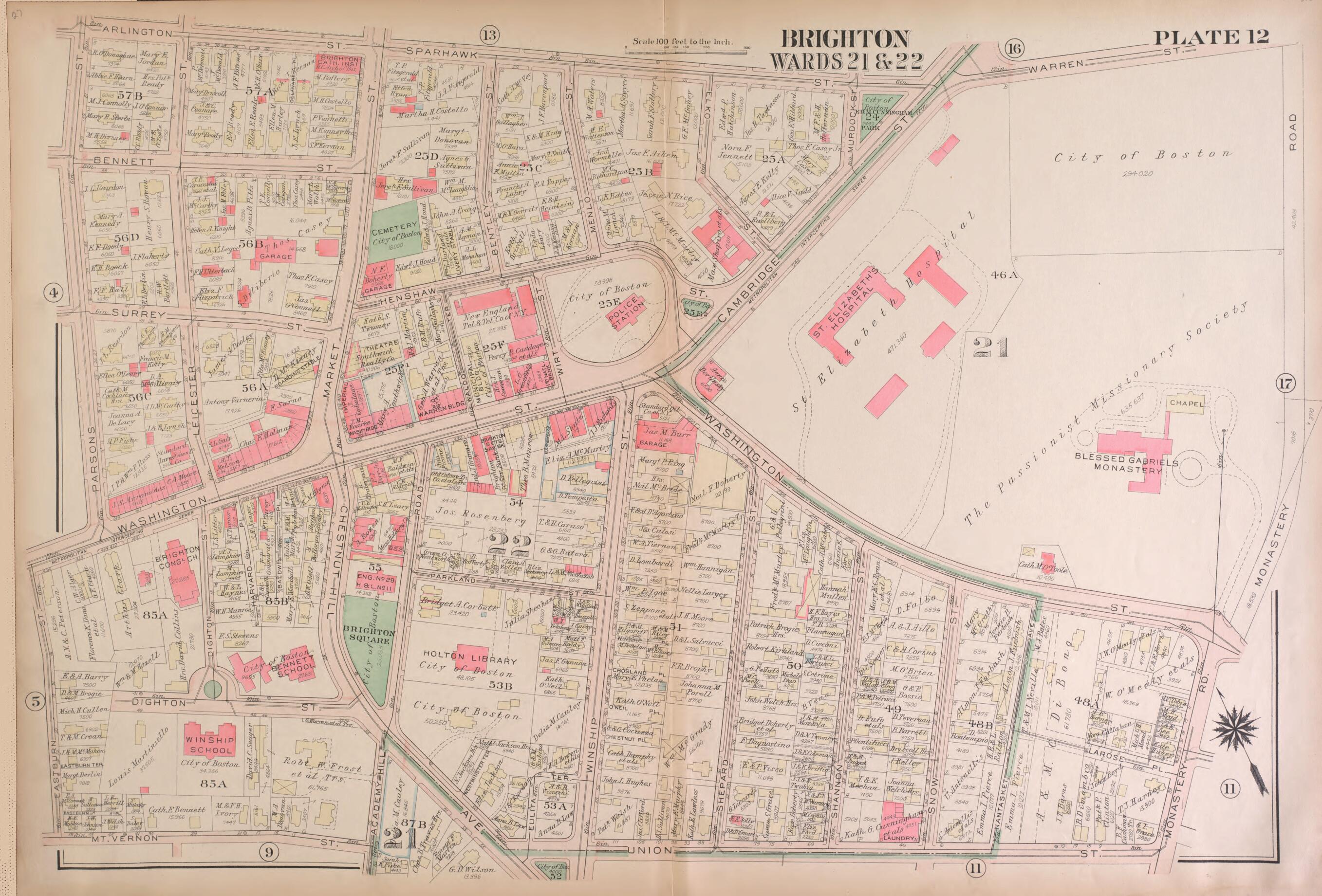 This old map of Part of Brighton, Wards 21 and 22 - Plate 12 from Atlas of the City of Boston, Brighton from 1925 was created by G.W. Bromley & Co in 1925