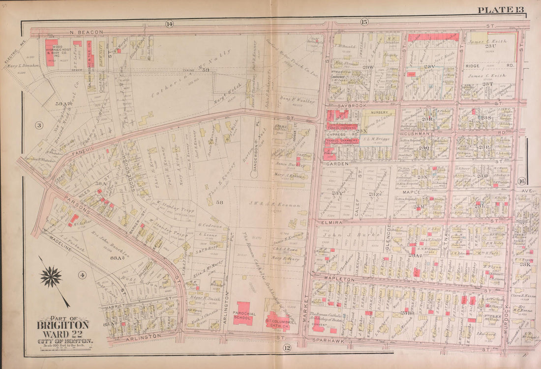 This old map of Part of Brighton, Wards 21 and 22 - Plate 13 from Atlas of the City of Boston, Brighton from 1925 was created by G.W. Bromley & Co in 1925