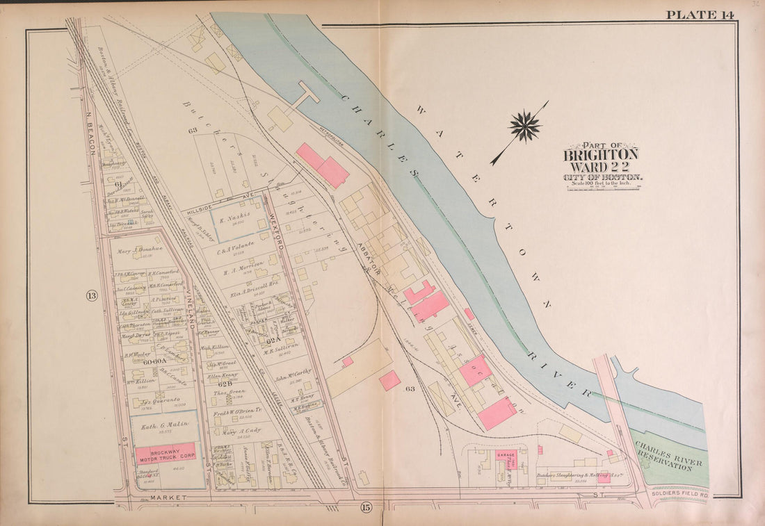 This old map of Part of Brighton, Wards 21 and 22 - Plate 14 from Atlas of the City of Boston, Brighton from 1925 was created by G.W. Bromley & Co in 1925