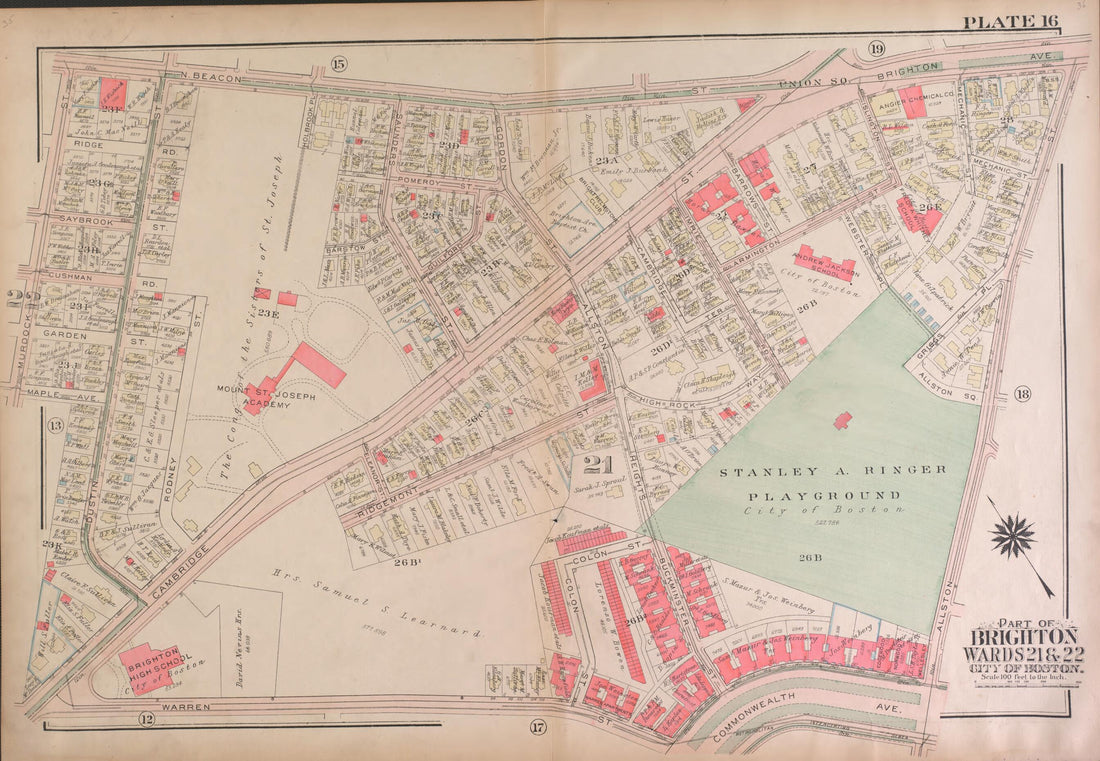 This old map of Part of Brighton, Wards 21 and 22 - Plate 16 from Atlas of the City of Boston, Brighton from 1925 was created by G.W. Bromley & Co in 1925