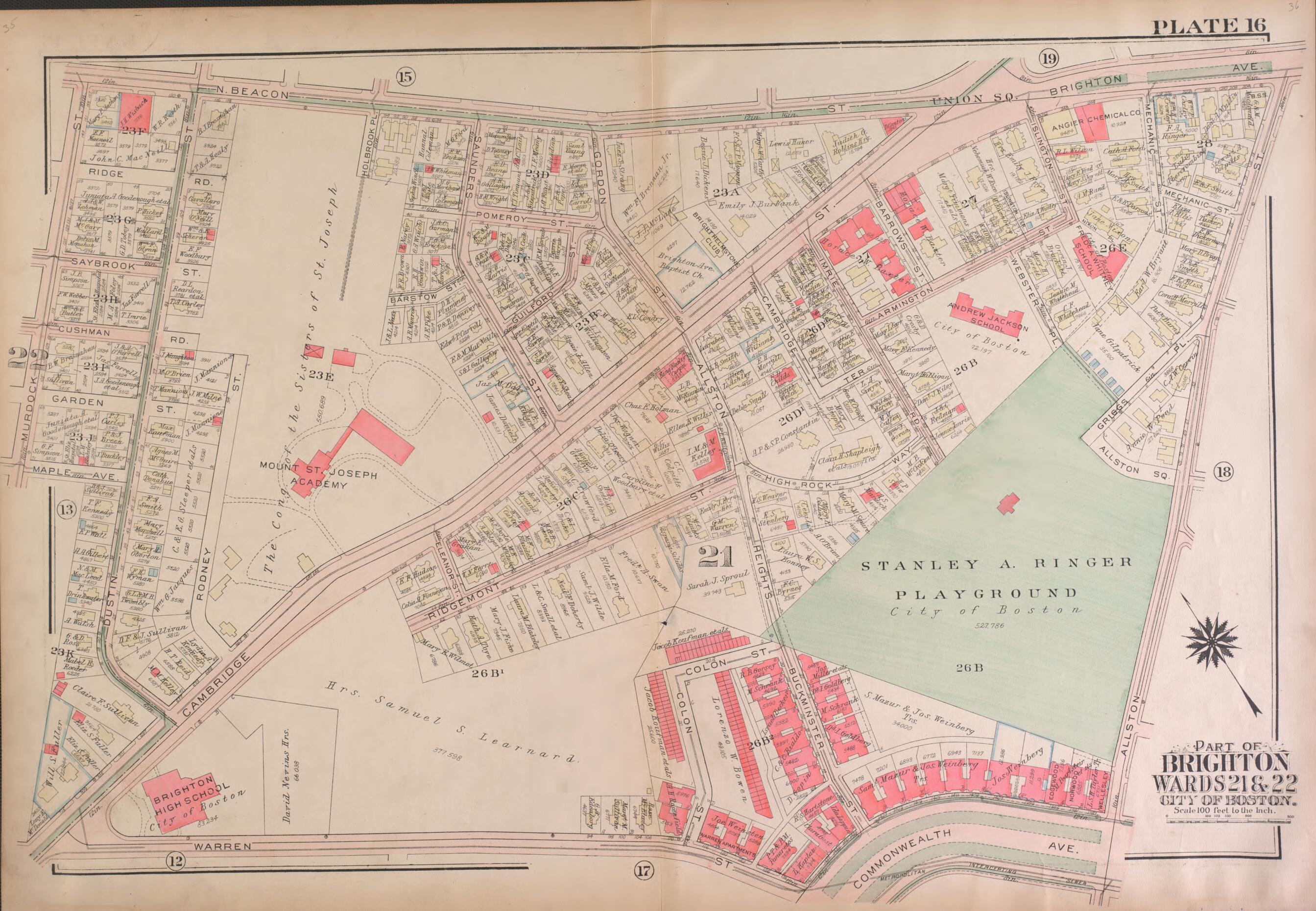 This old map of Part of Brighton, Wards 21 and 22 - Plate 16 from Atlas of the City of Boston, Brighton from 1925 was created by G.W. Bromley & Co in 1925