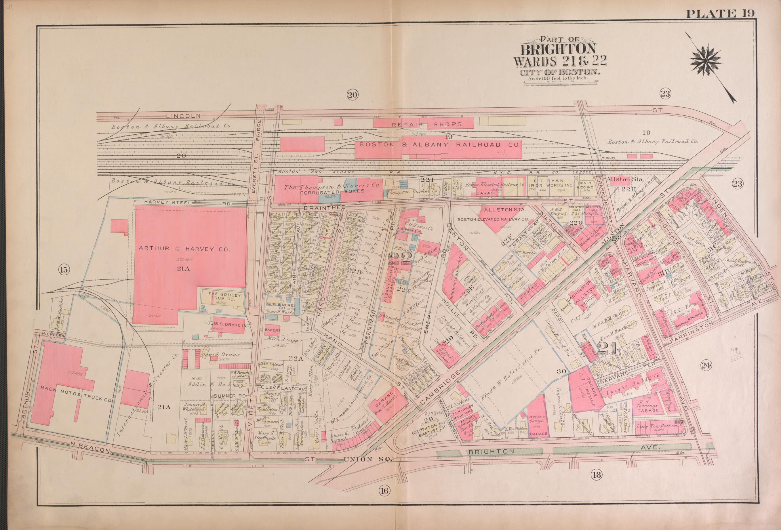 This old map of Part of Brighton, Wards 21 and 22 - Plate 19 from Atlas of the City of Boston, Brighton from 1925 was created by G.W. Bromley & Co in 1925