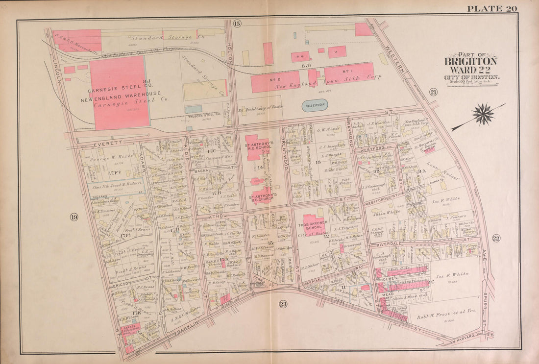 This old map of Part of Brighton, Wards 21 and 22 - Plate 20 from Atlas of the City of Boston, Brighton from 1925 was created by G.W. Bromley & Co in 1925