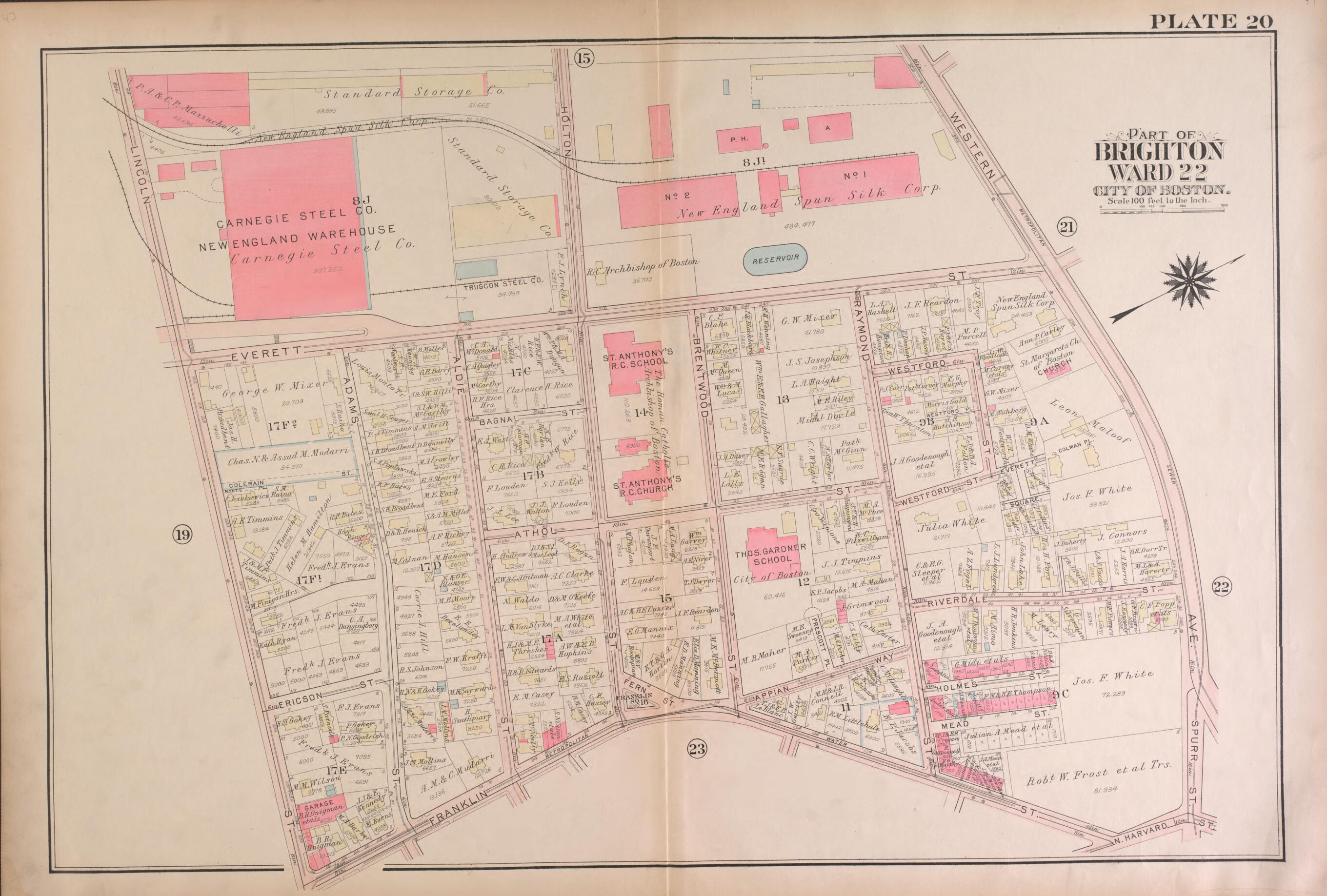 This old map of Part of Brighton, Wards 21 and 22 - Plate 20 from Atlas of the City of Boston, Brighton from 1925 was created by G.W. Bromley & Co in 1925