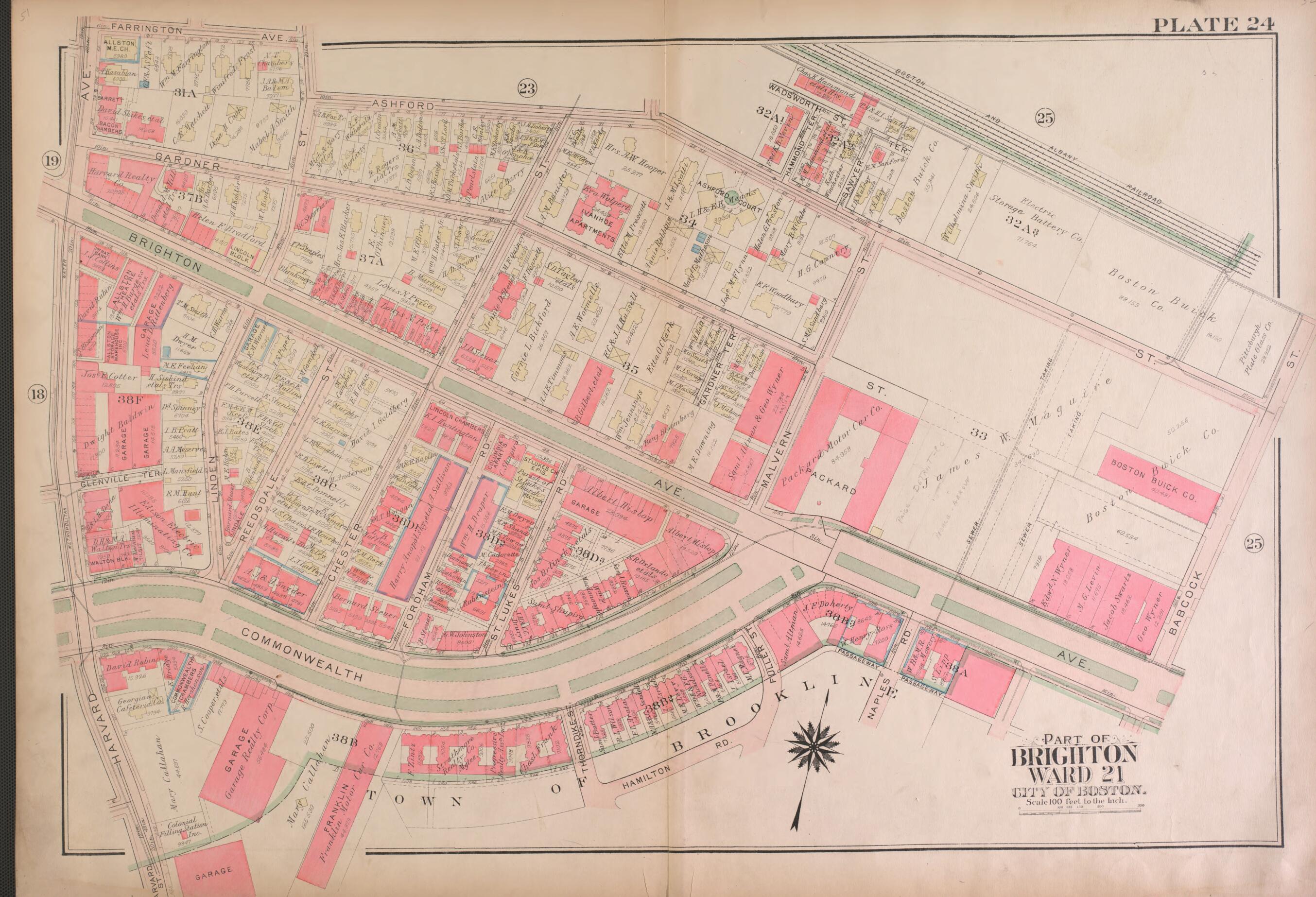 This old map of Part of Brighton, Wards 21 and 22 - Plate 24 from Atlas of the City of Boston, Brighton from 1925 was created by G.W. Bromley & Co in 1925