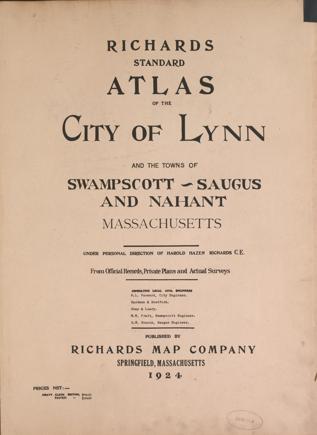 This old map of Lynn from Atlas of the City of Lynn and the Towns of Swampscott, Saugus and Nahant, Massachusetts from 1924 was created by Harold H. (Harold Hazen) Richards in 1924