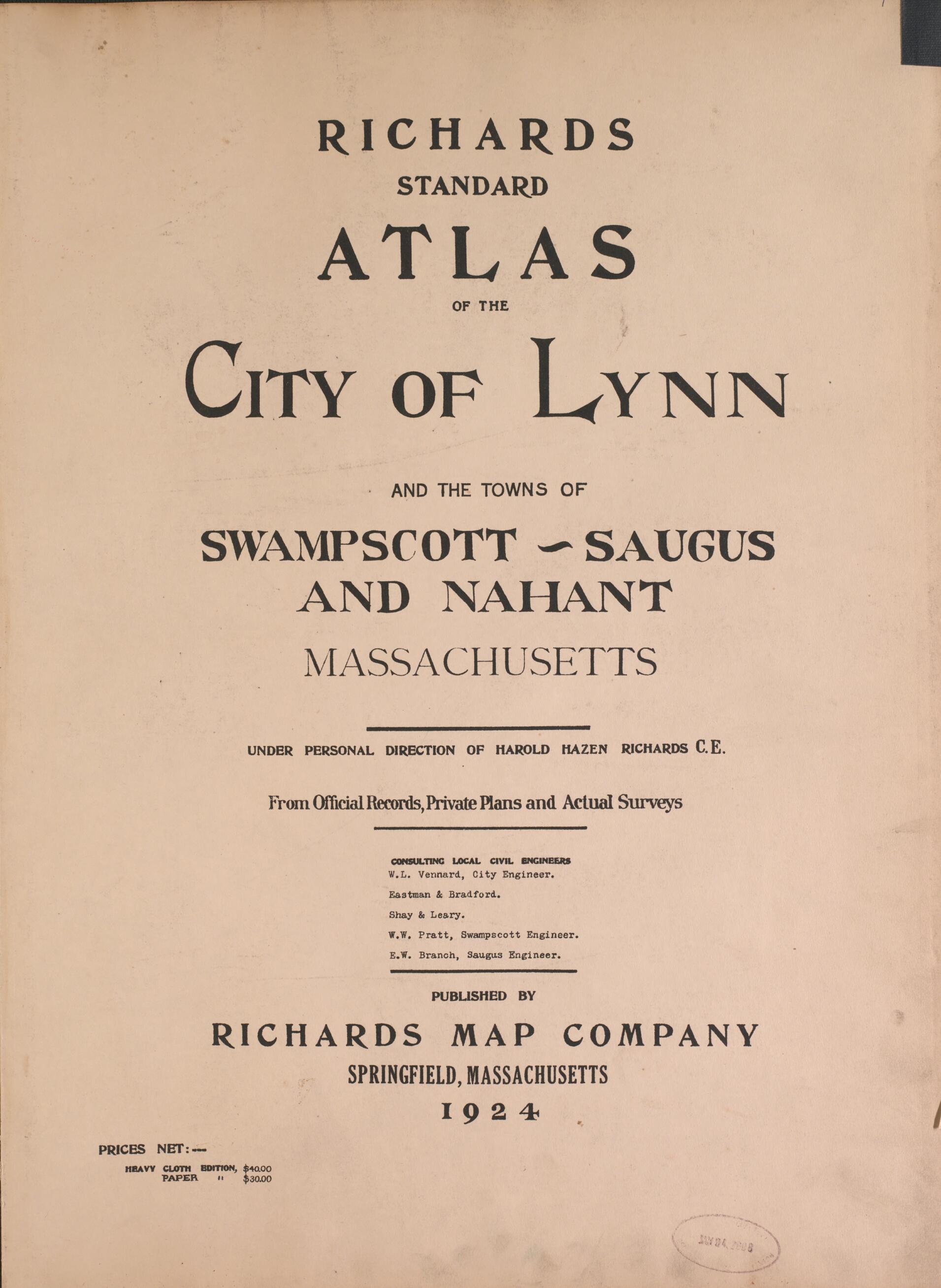 This old map of Lynn from Atlas of the City of Lynn and the Towns of Swampscott, Saugus and Nahant, Massachusetts from 1924 was created by Harold H. (Harold Hazen) Richards in 1924