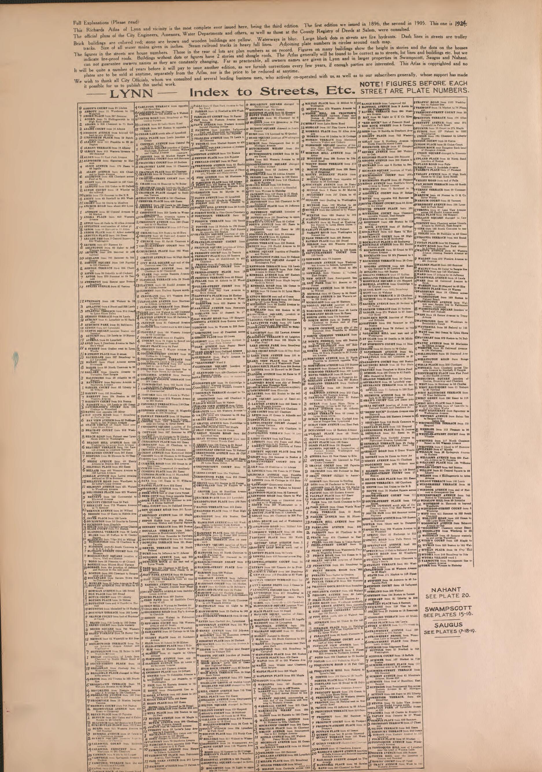 This old map of Lynn, Plate 1 from Atlas of the City of Lynn and the Towns of Swampscott, Saugus and Nahant, Massachusetts from 1924 was created by Harold H. (Harold Hazen) Richards in 1924