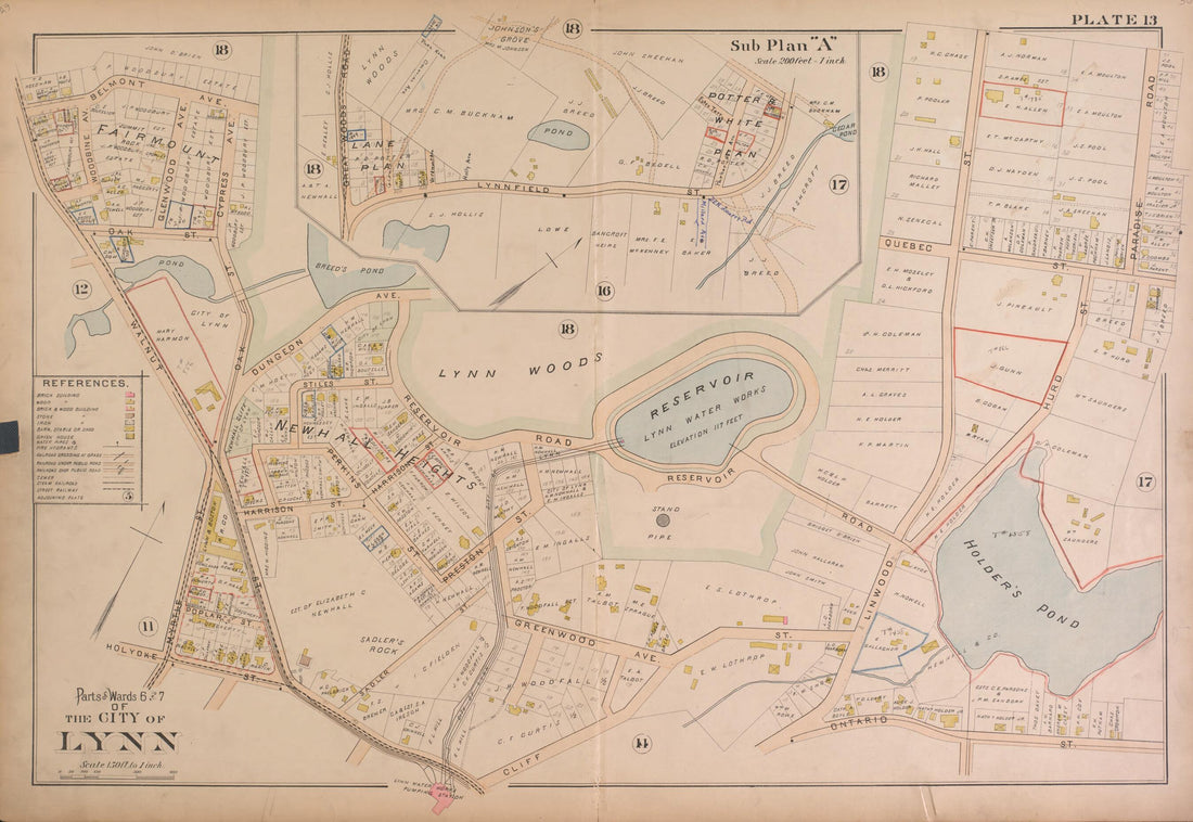 This old map of Lynn--Plate 13 from Atlas of the City of Lynn, Massachusetts from 1897 was created by D. J. Lake in 1897
