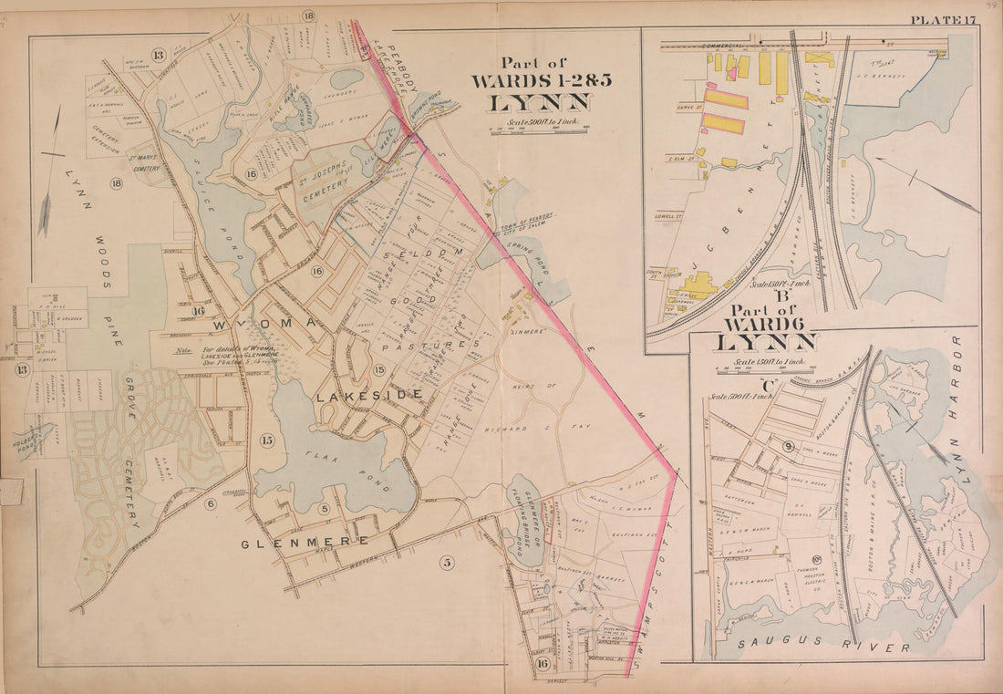 This old map of Lynn--Plate 17 from Atlas of the City of Lynn, Massachusetts from 1897 was created by D. J. Lake in 1897