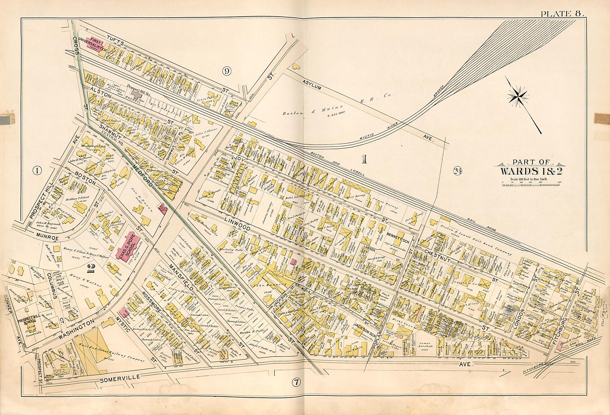 This old map of Part of Wards 1 & 2 - Plate 8 from Atlas of the City of Somerville, Massachusetts from 1895 was created by G.W. Bromley & Co in 1895